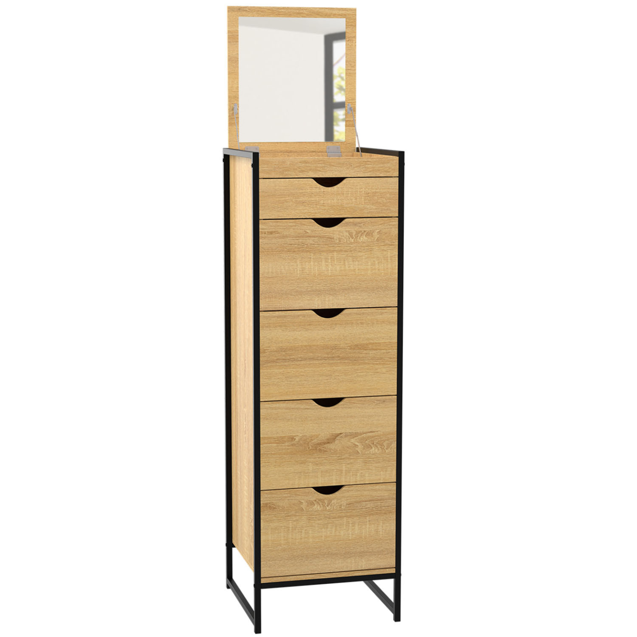 ID MARKET Chiffonnier 5 tiroirs detroit 40x40x125 cm avec miroir meuble d'entrée design industriel