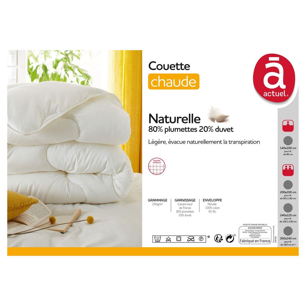 ACTUEL Couette chaude en percale de coton garnissage naturel 80% plumettes 20% duvet  250 g/m²