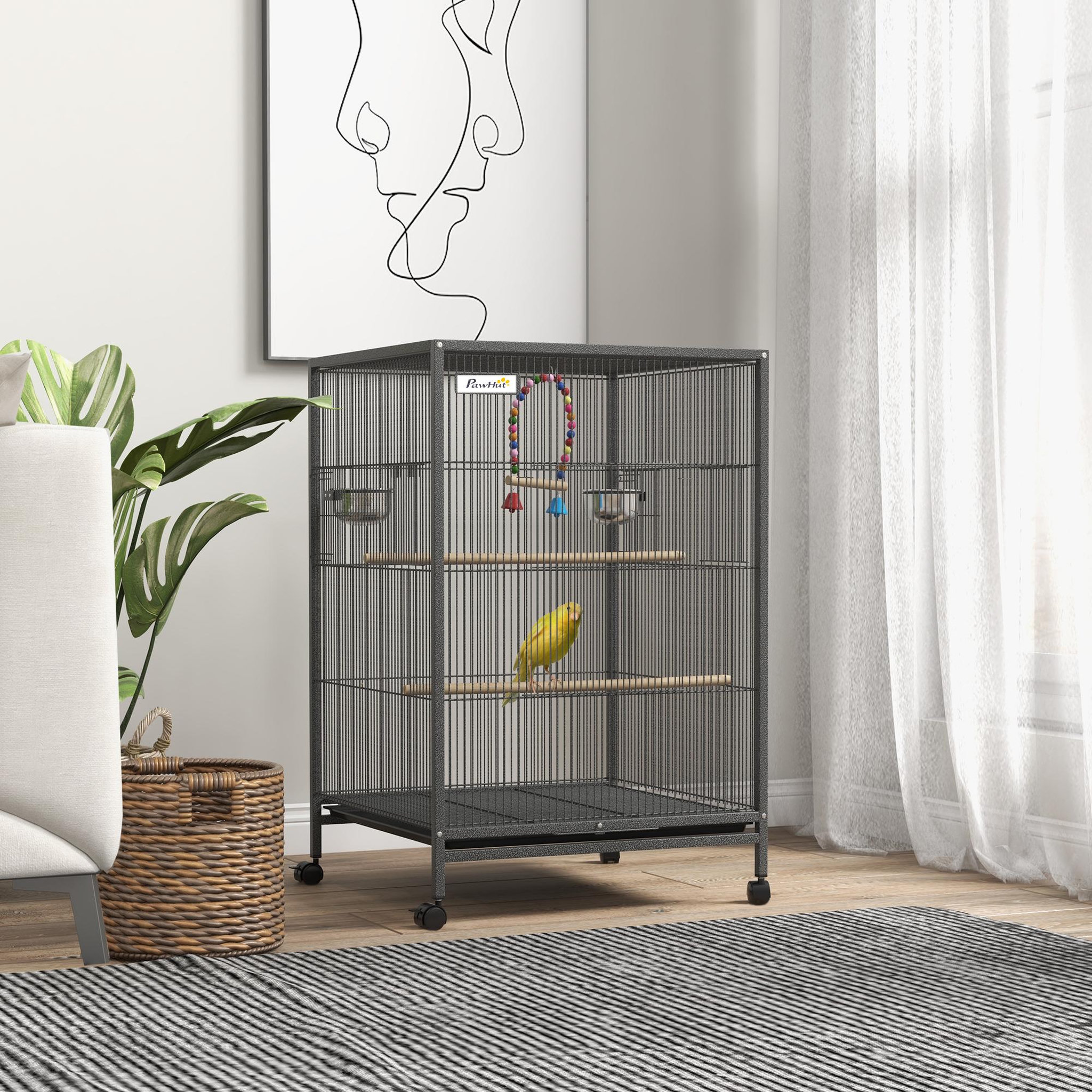 Voir la diapositive 2 : PAWHUT Cage à oiseaux sur roulettes - volière mobile - nombreux accessoires - dim. 48x46x74cm - acier époxy gris noir