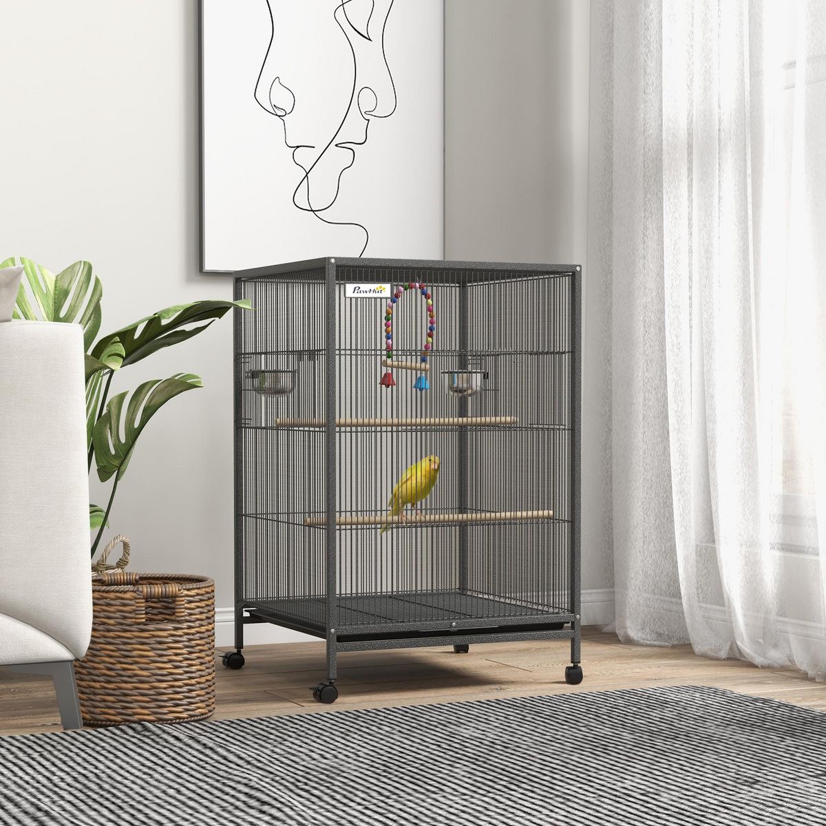 PAWHUT Cage à oiseaux sur roulettes - volière mobile - nombreux accessoires - dim. 48x46x74cm - acier époxy gris noir
