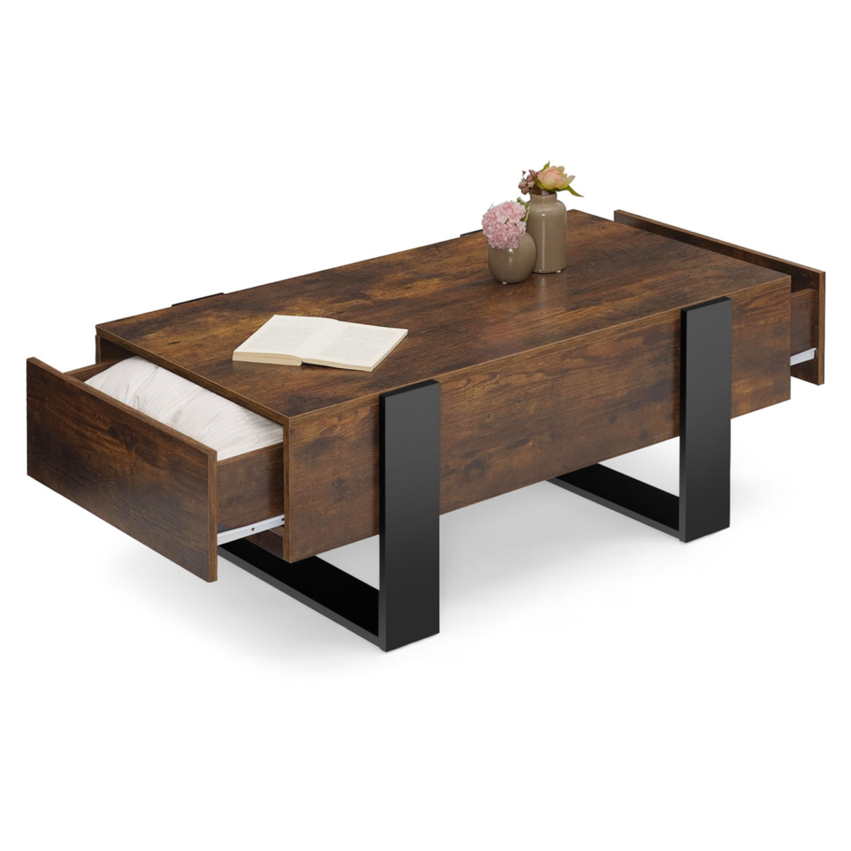ID MARKET Table basse rectangle PHOENIX avec tiroirs 100 cm bois effet vieilli et noir