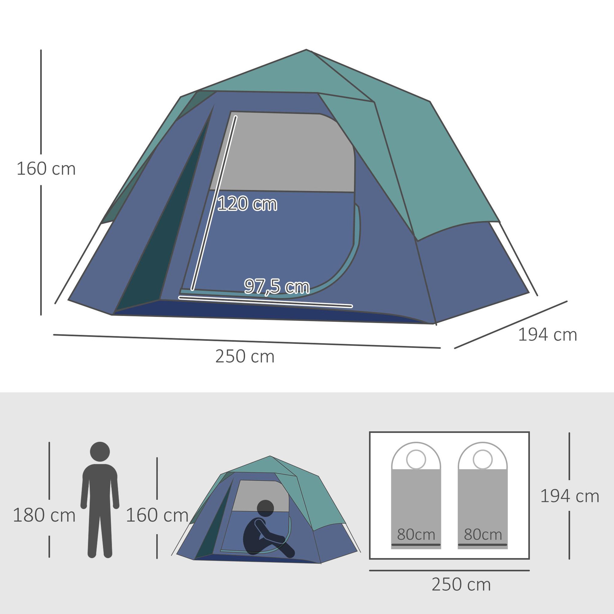 Voir la diapositive 3 : OUTSUNNY Tente pop up montage instantané - tente de camping familiale 3 pers.  - grande porte + 3 fenêtres - dim. 2,5L x 1,94l x 1,6H m fibre verre polyester oxford bleu vert