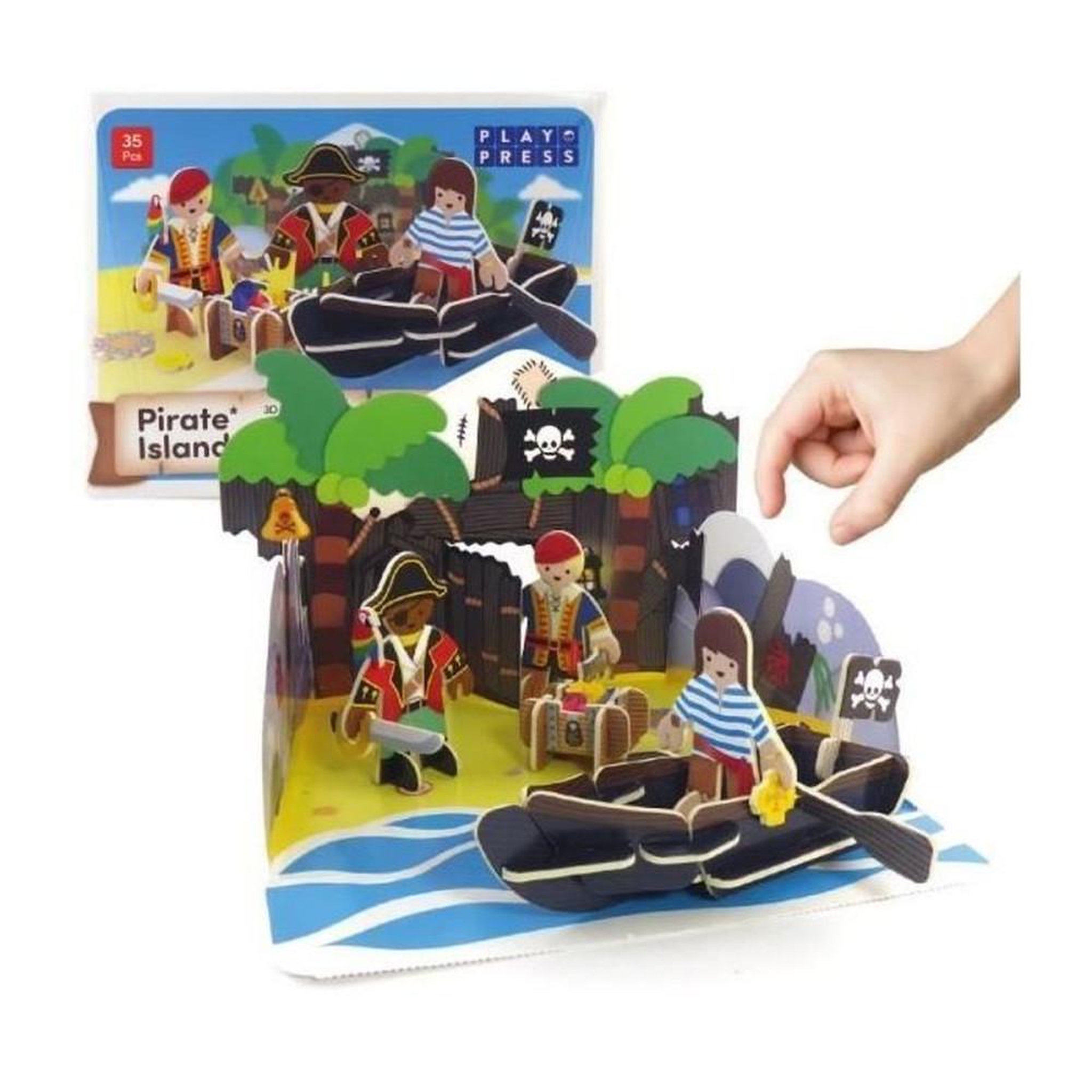 Jeu de construction Île de pirate, 35 pièces avec 3 pirates, bateau et coffre au trésor
