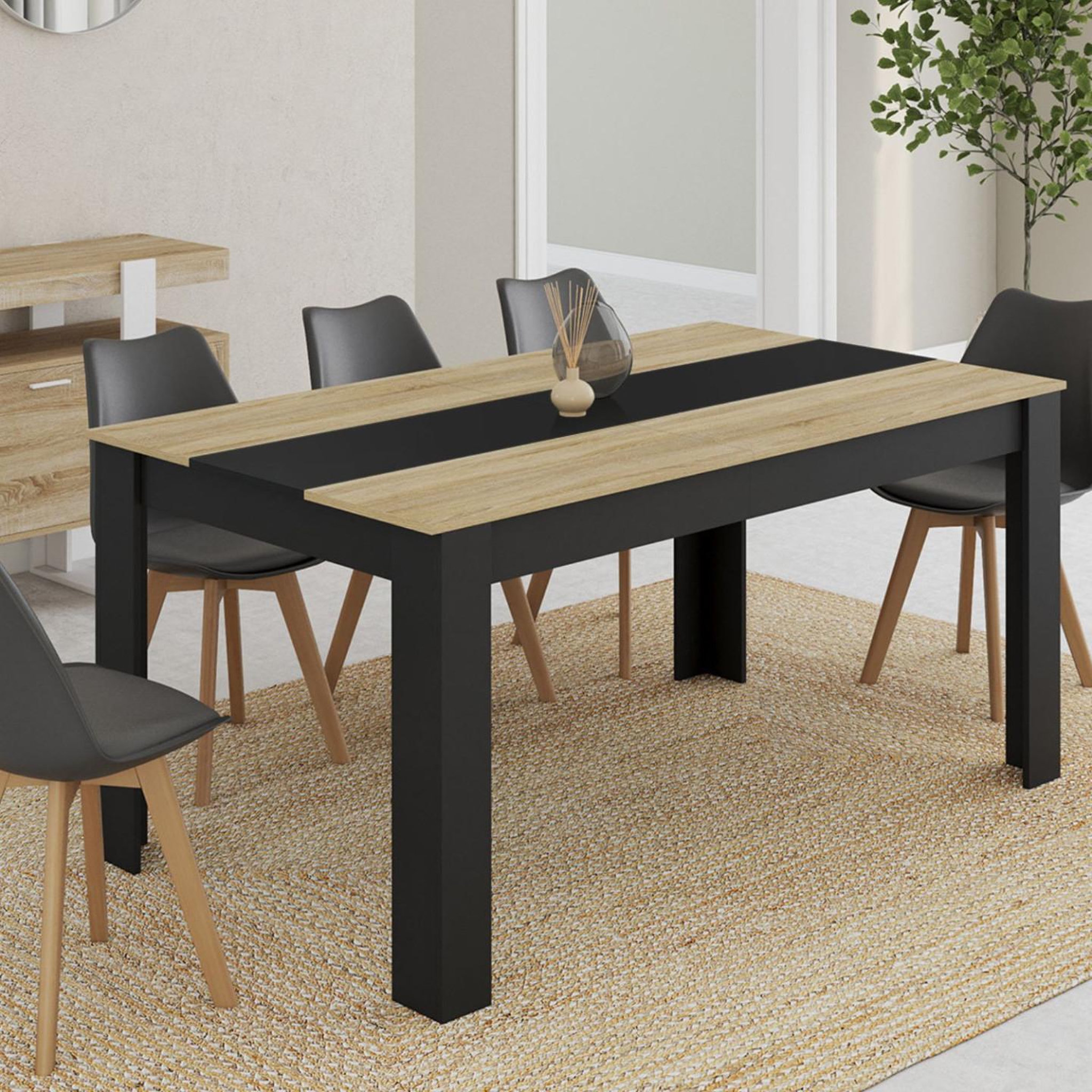 Voir la diapositive 2 : ID MARKET Table à manger rectangle georgia 8 personnes noire et imitation hêtre 160 x 80 cm