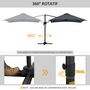 Voir la diapositive 6 : OUTSUNNY Parasol déporté carré inclinable pivotant 360° manivelle piètement acier dim. 2,95L x 2,95l x 2,66H m gris