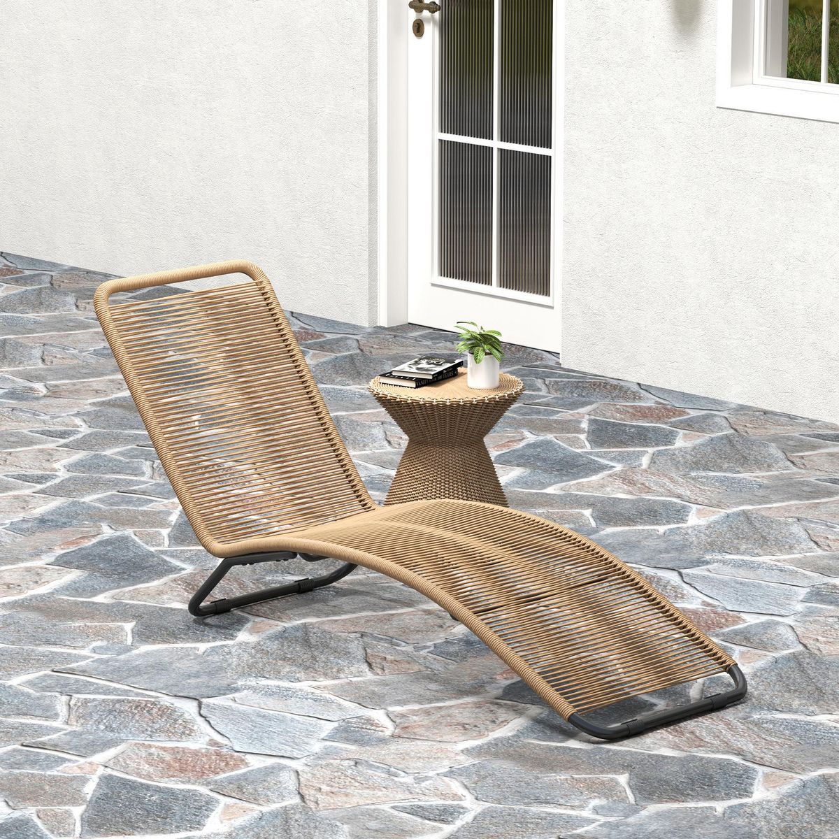 OUTSUNNY Bain de soleil style colonial - 176 x 58 x 82 cm - acier noir résine filaire beige