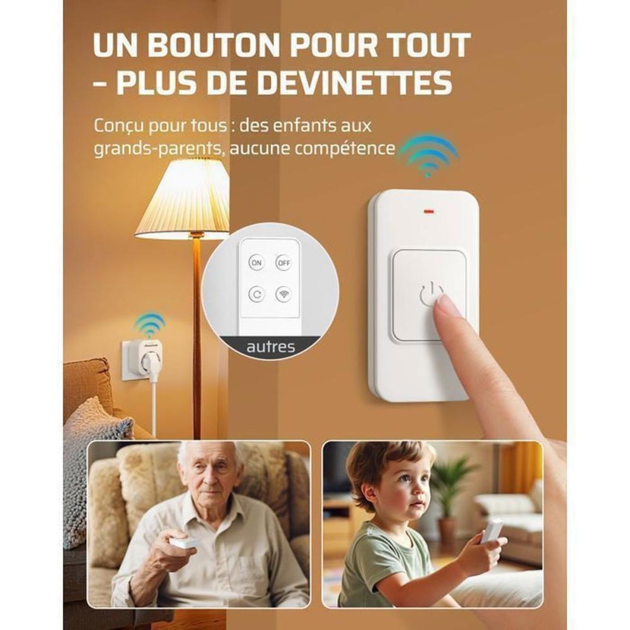 Voir la diapositive 2 : Prise connectée télécommandée EU blanche 1 prise + 2 télécommandes 1 bouton, 3680 W 16 A, portée jusqu'à 30 m, fréquence 433,92 MHz