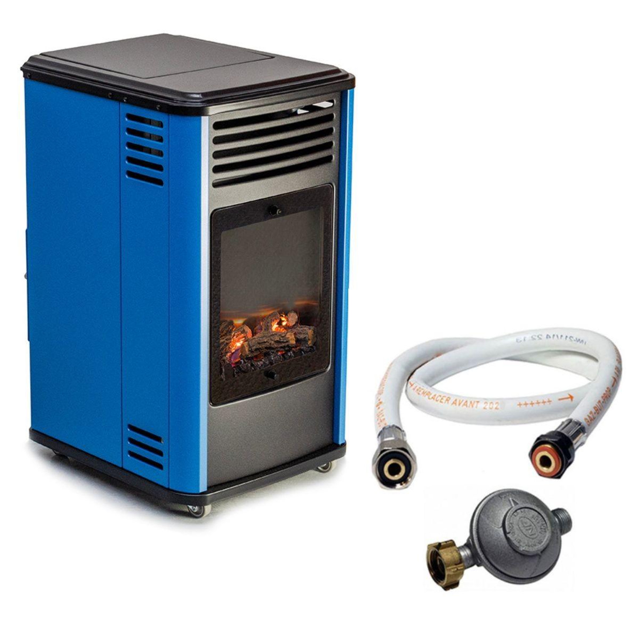 Voir la diapositive 3 : SAHARA Chauffage à gaz 3,4KW Bleu Effet feu + Tuyau gaz + Détendeur butane Manhattan Sahara