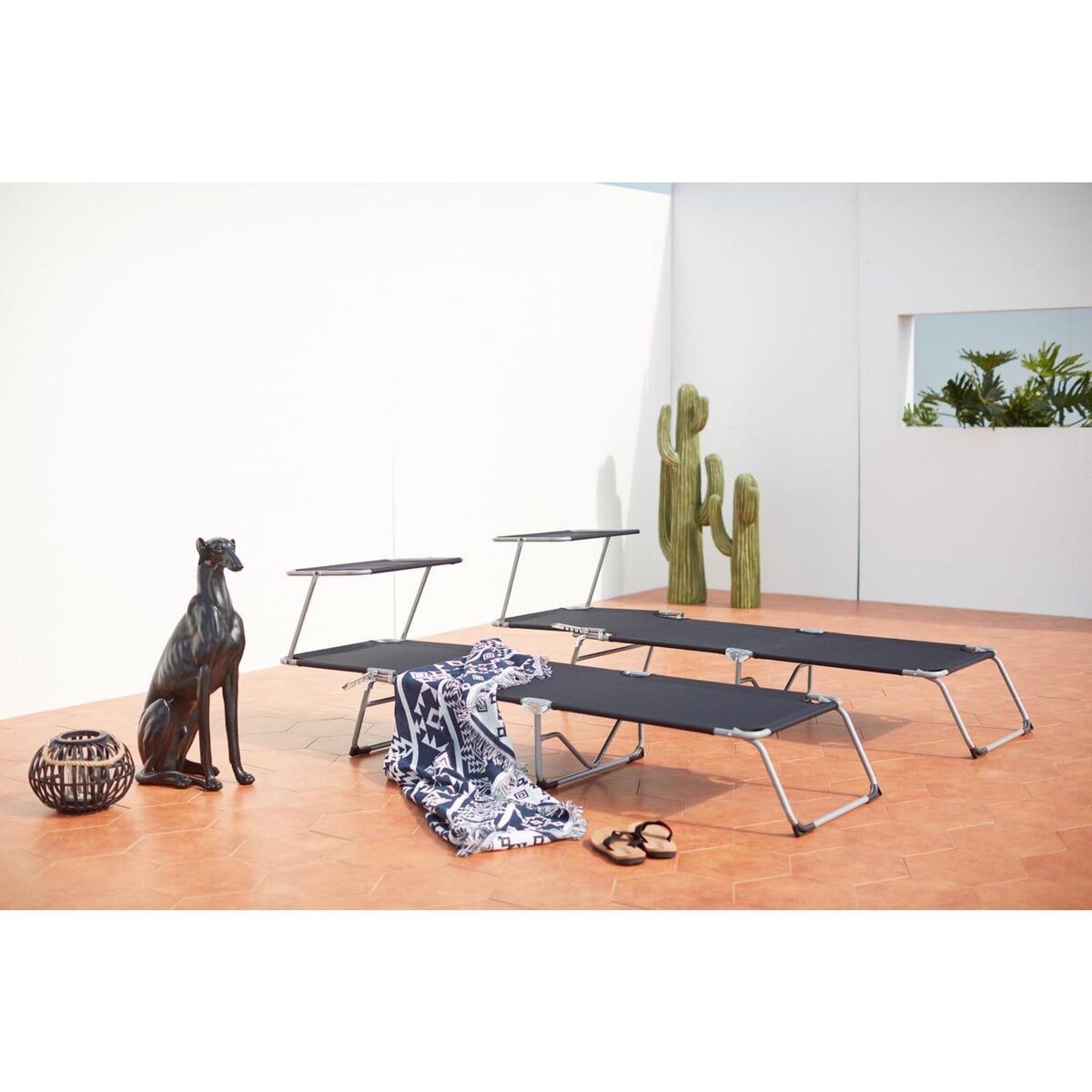 CONCEPT USINE Lot de 2 transats noirs avec pare soleil PALOPO