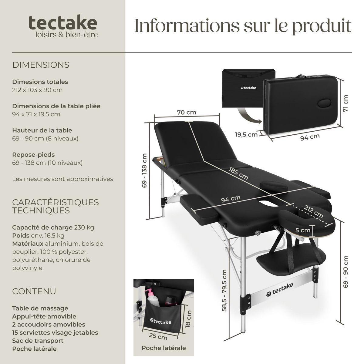 tectake Table 3 zones de massage largeur 70 cm et rembourrage 5 cm noir