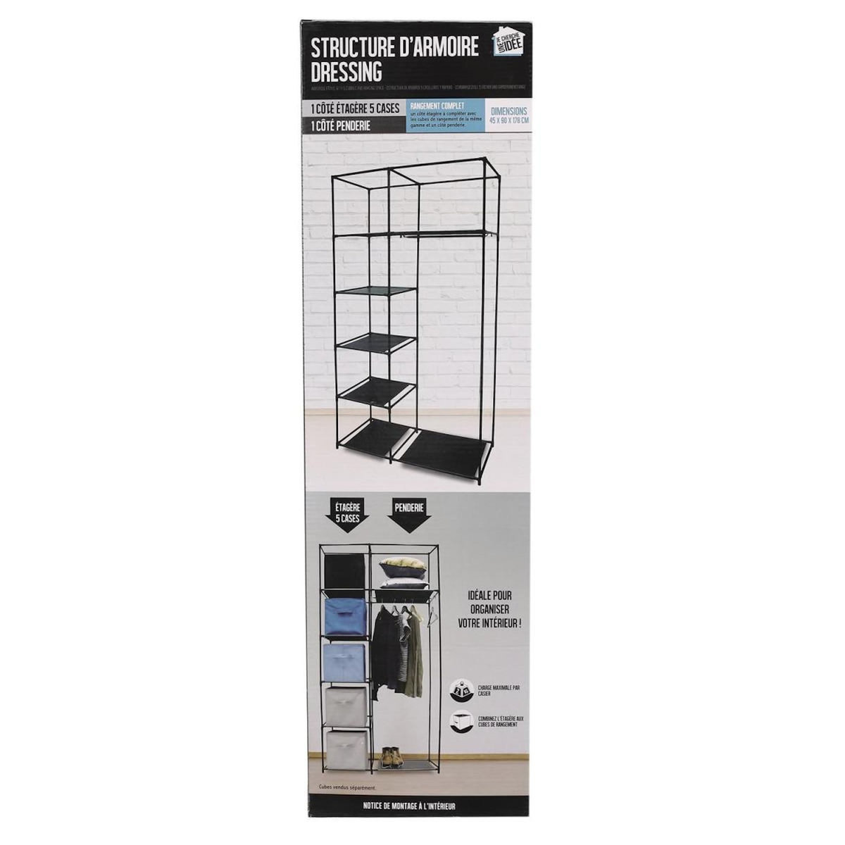 Paris Prix Structure Armoire  5 Cases & 1 Penderie  178cm Noir