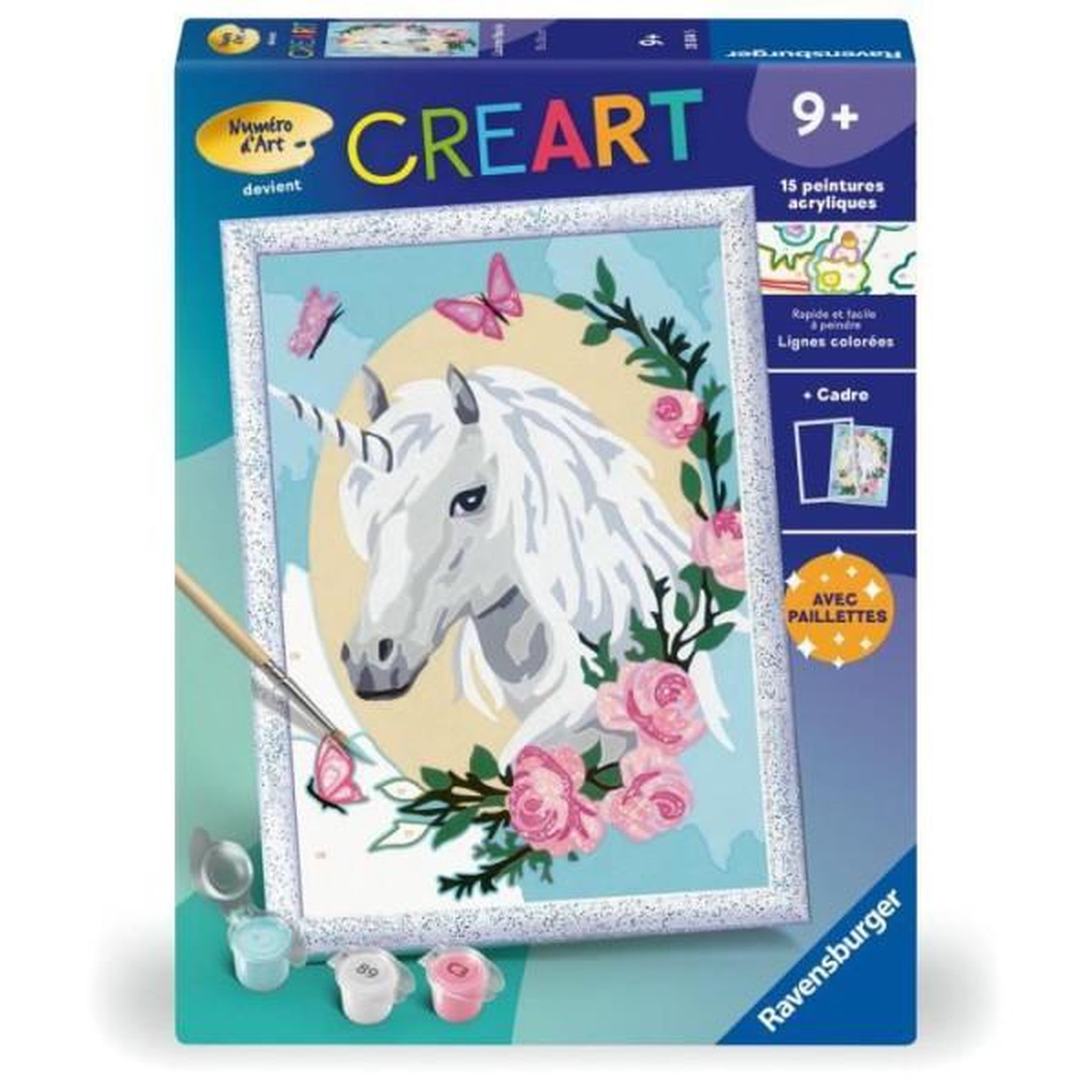 RAVENSBURGER CreArt Kids 18x24cm Licorne fleurie, des 9 ans, Kit de peinture par numéros Numéro d'Art, 25834, Ravensburger