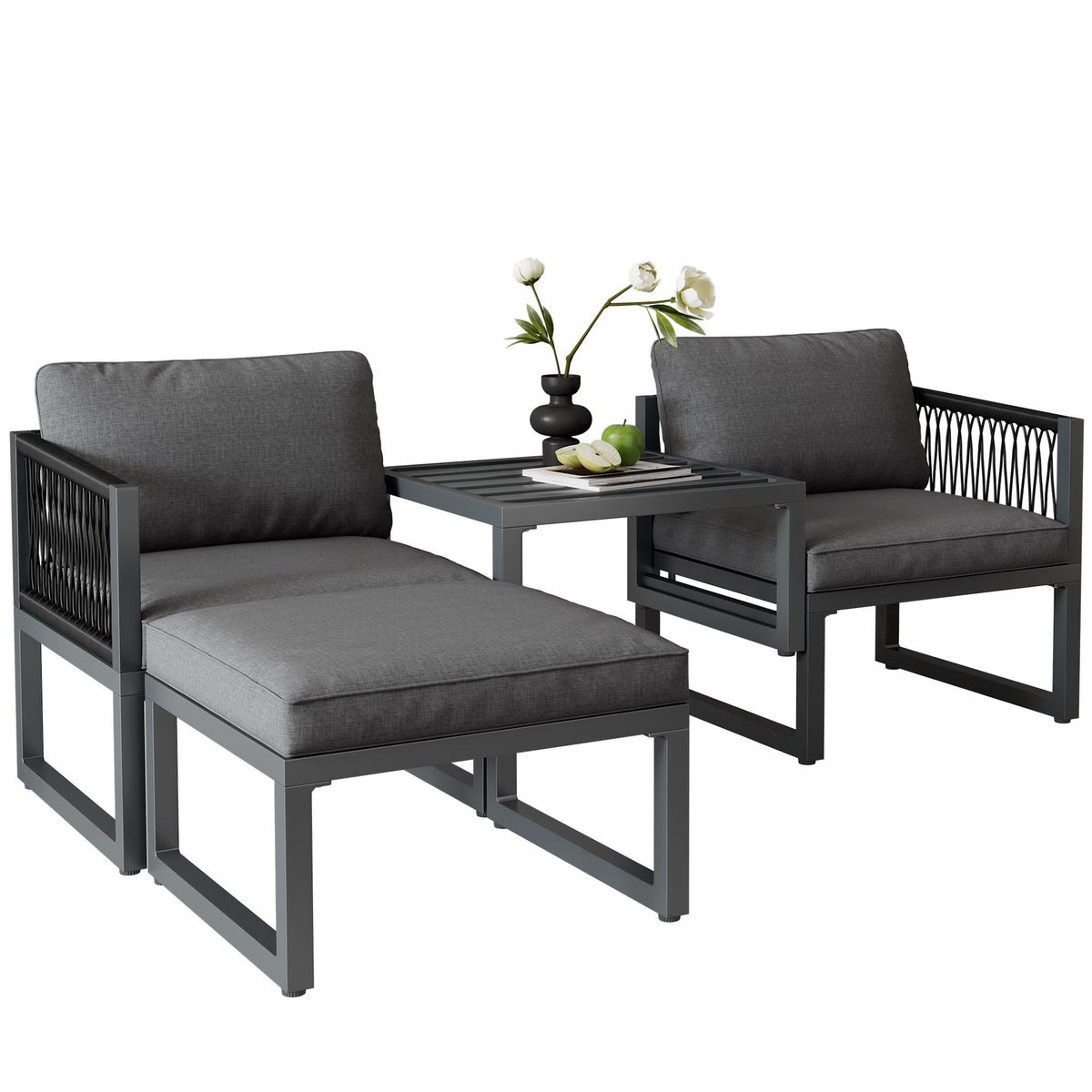 MERAX Salon de jardin 4 places en acier avec 2 canapés, 2 poufs, modulable, gris