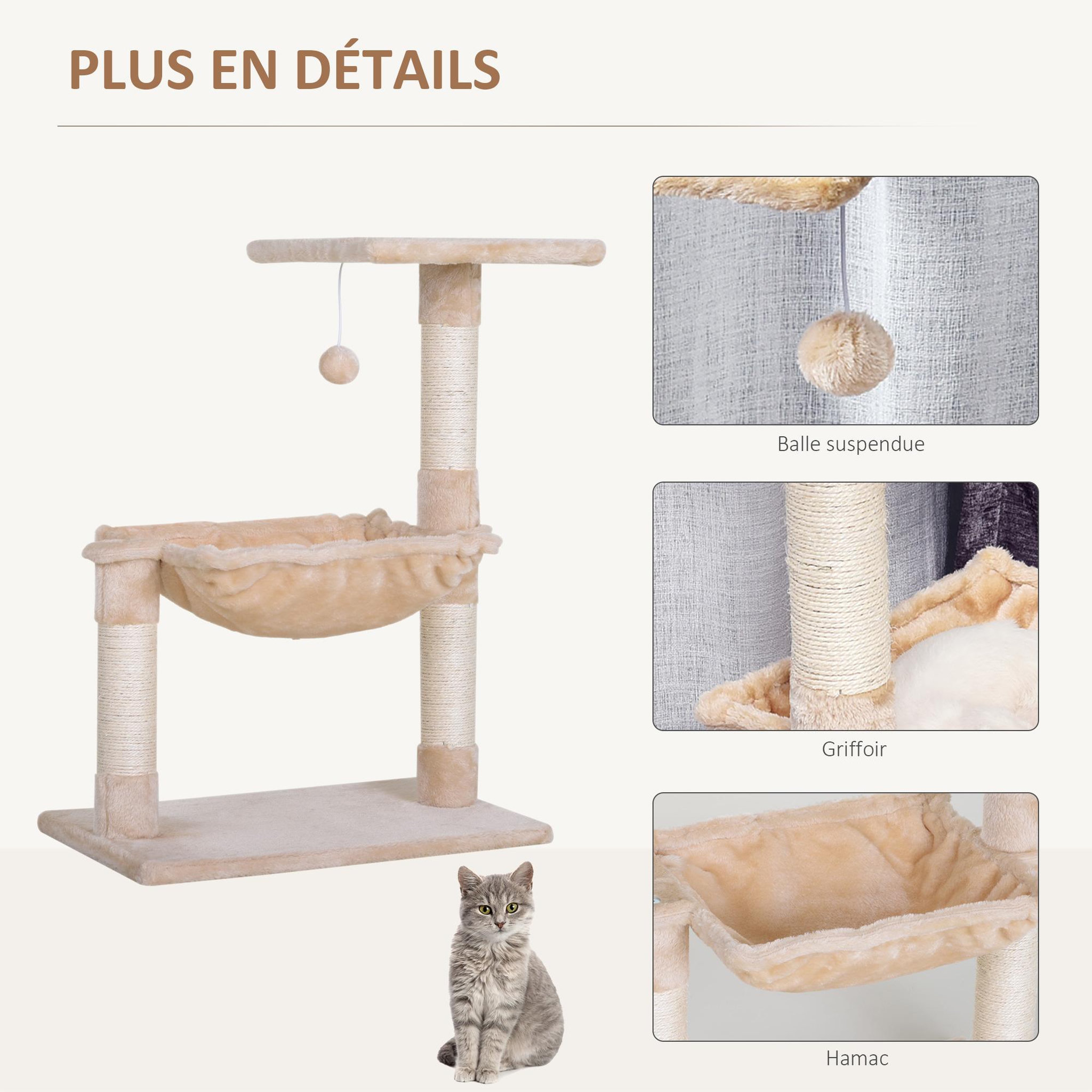 Voir la diapositive 5 : PAWHUT Arbre à chat 3 griffoirs grattoirs sisal naturel plateforme hamac et boule suspendue dim. 50l x 36l x 70h cm peluche haute densité 220 g/m² beige
