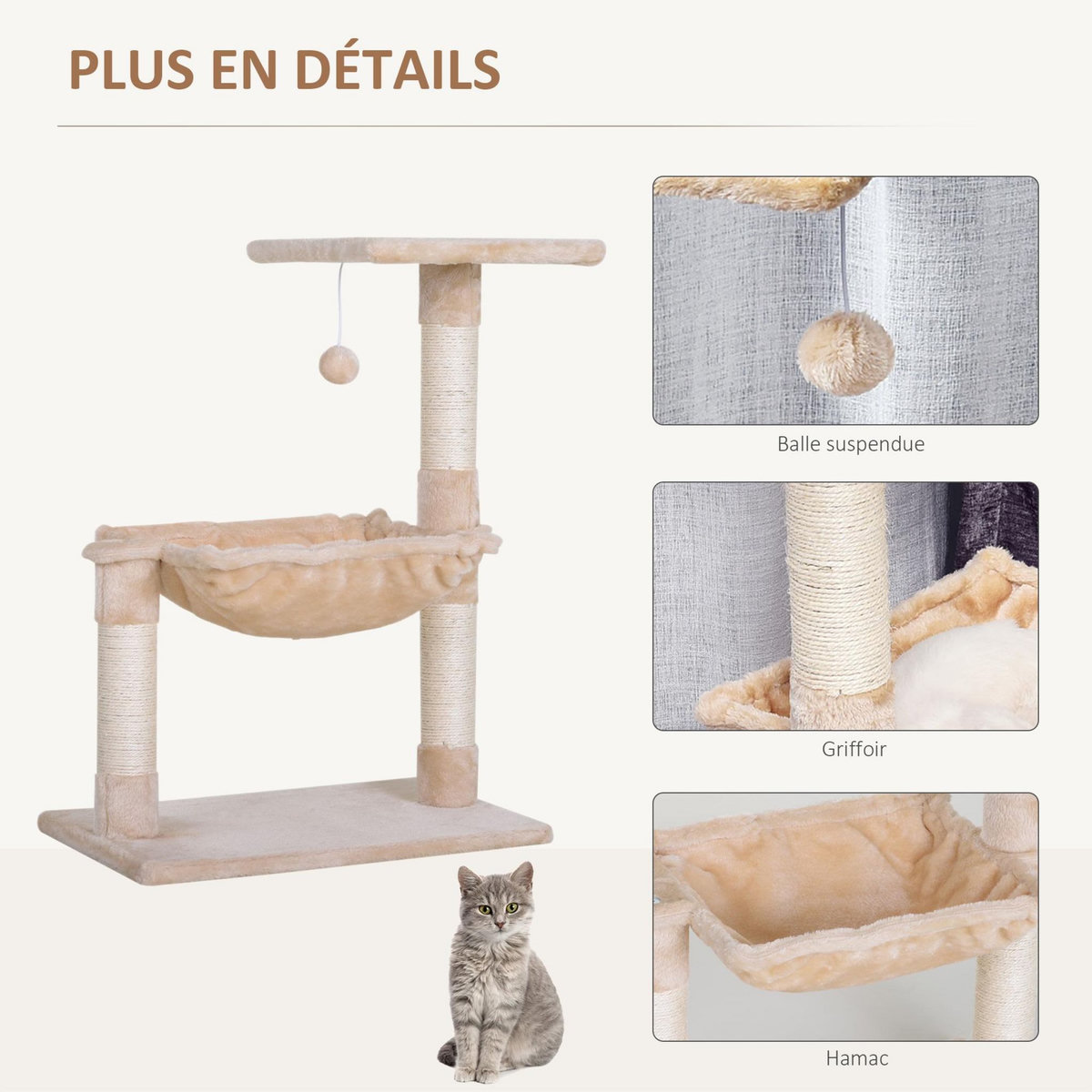 PAWHUT Arbre à chat 3 griffoirs grattoirs sisal naturel plateforme hamac et boule suspendue dim. 50L x 36l x 70H cm peluche haute densité 220 g/m² beige