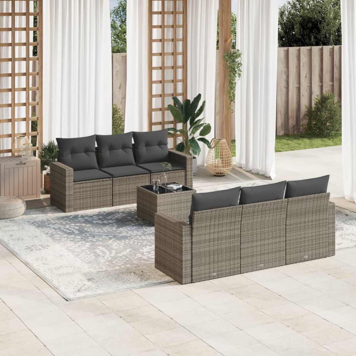 VIDAXL Salon de jardin avec coussins 7 pcs gris resine tressee