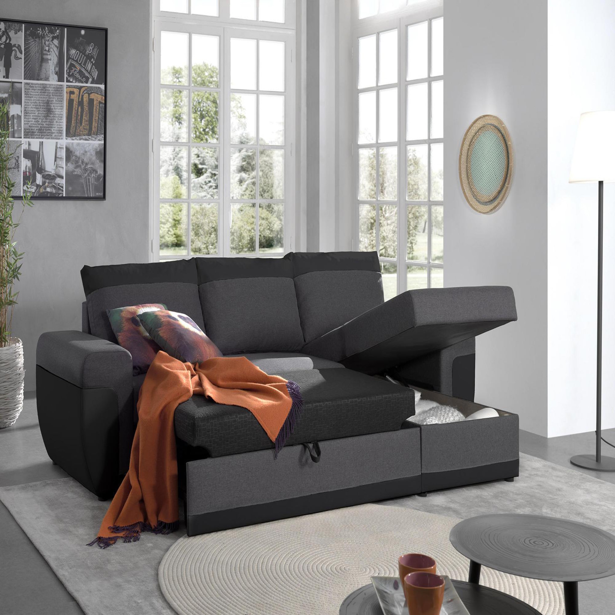 Voir la diapositive 2 : BEST MOBILIER Milan - canapé d'angle réversible - 4 places - convertible avec coffre - en simili et tissu