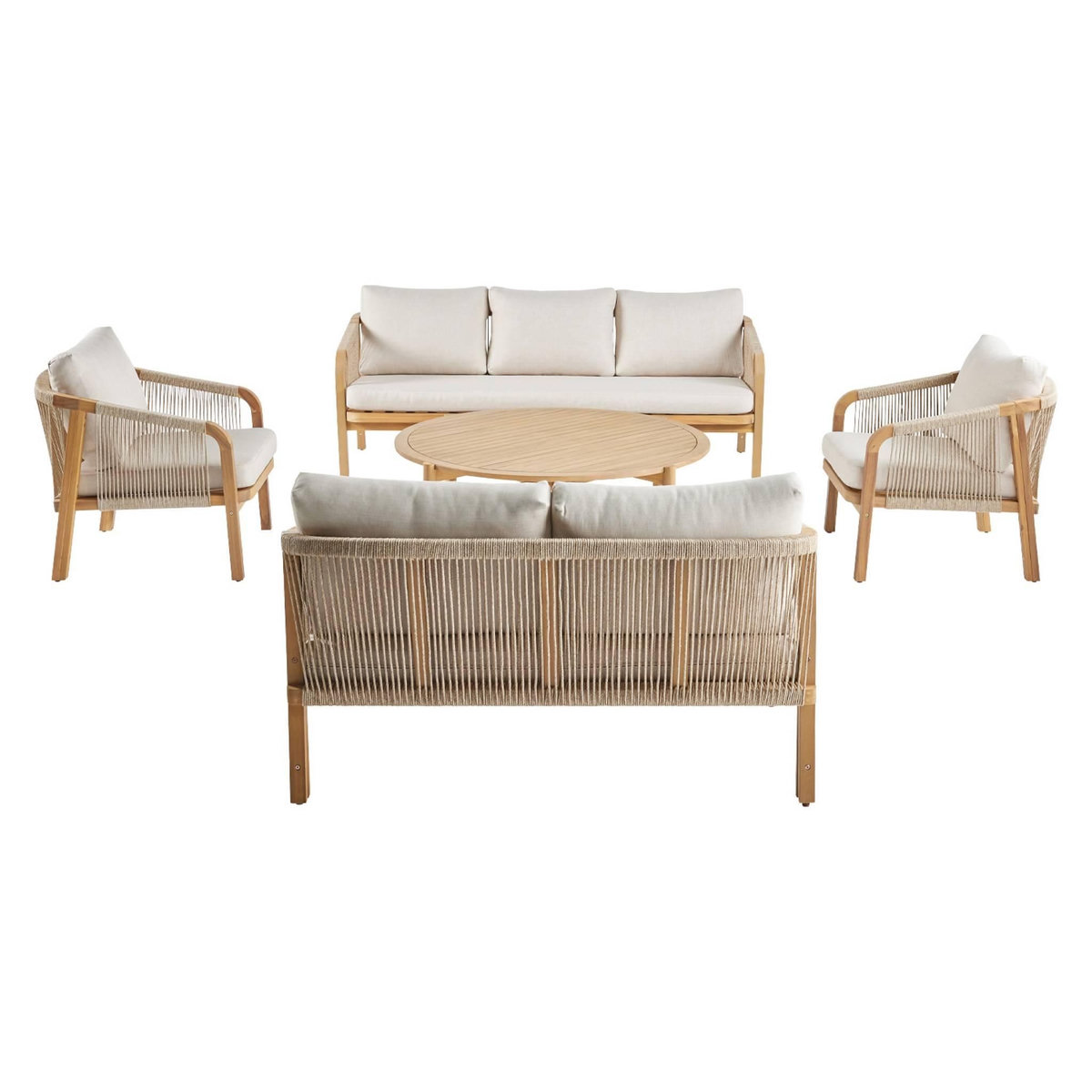 SWEEEK Salon de jardin en bois d'acacia et cordes. coussins beige PARANA