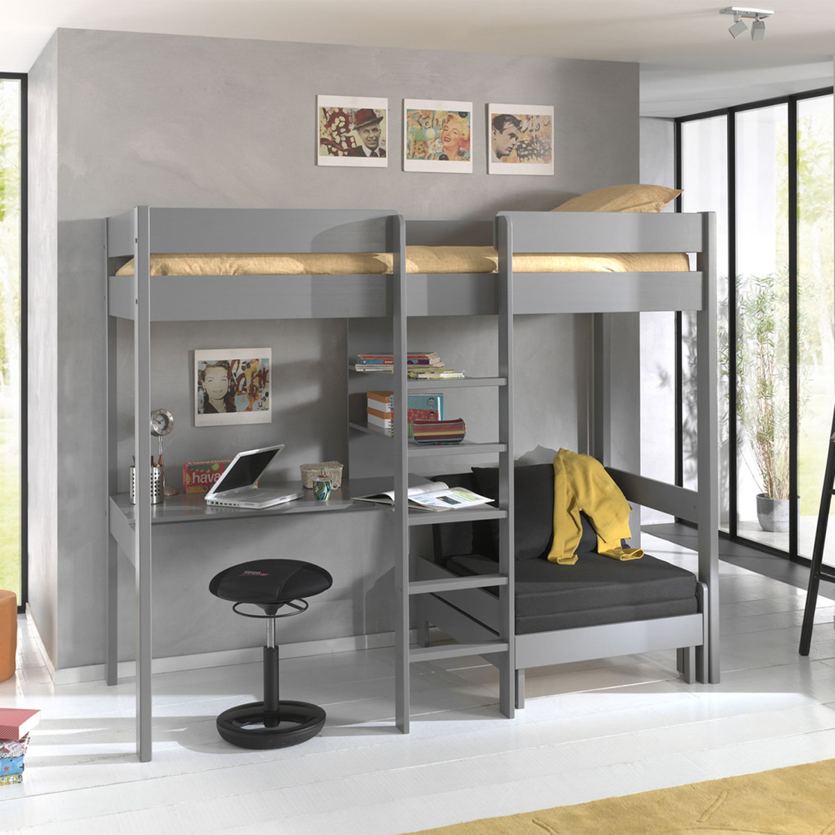 Vipack Lit Mezzanine 90x200 Sommier Inclus avec Fauteuil et Bureau Pino - Gris