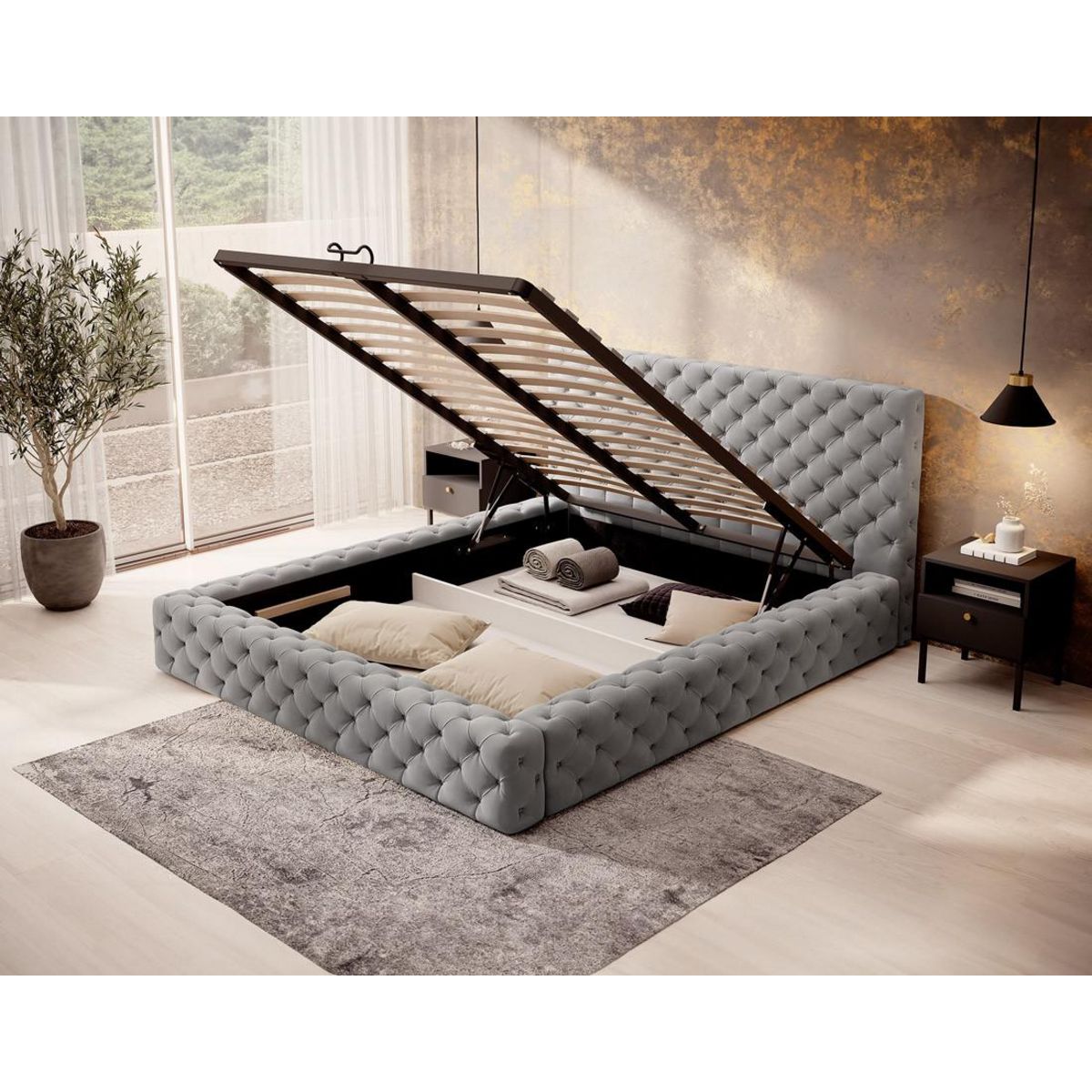 BEST MOBILIER Christiana - lit coffre - 160x200 - sommier inclus - en velours