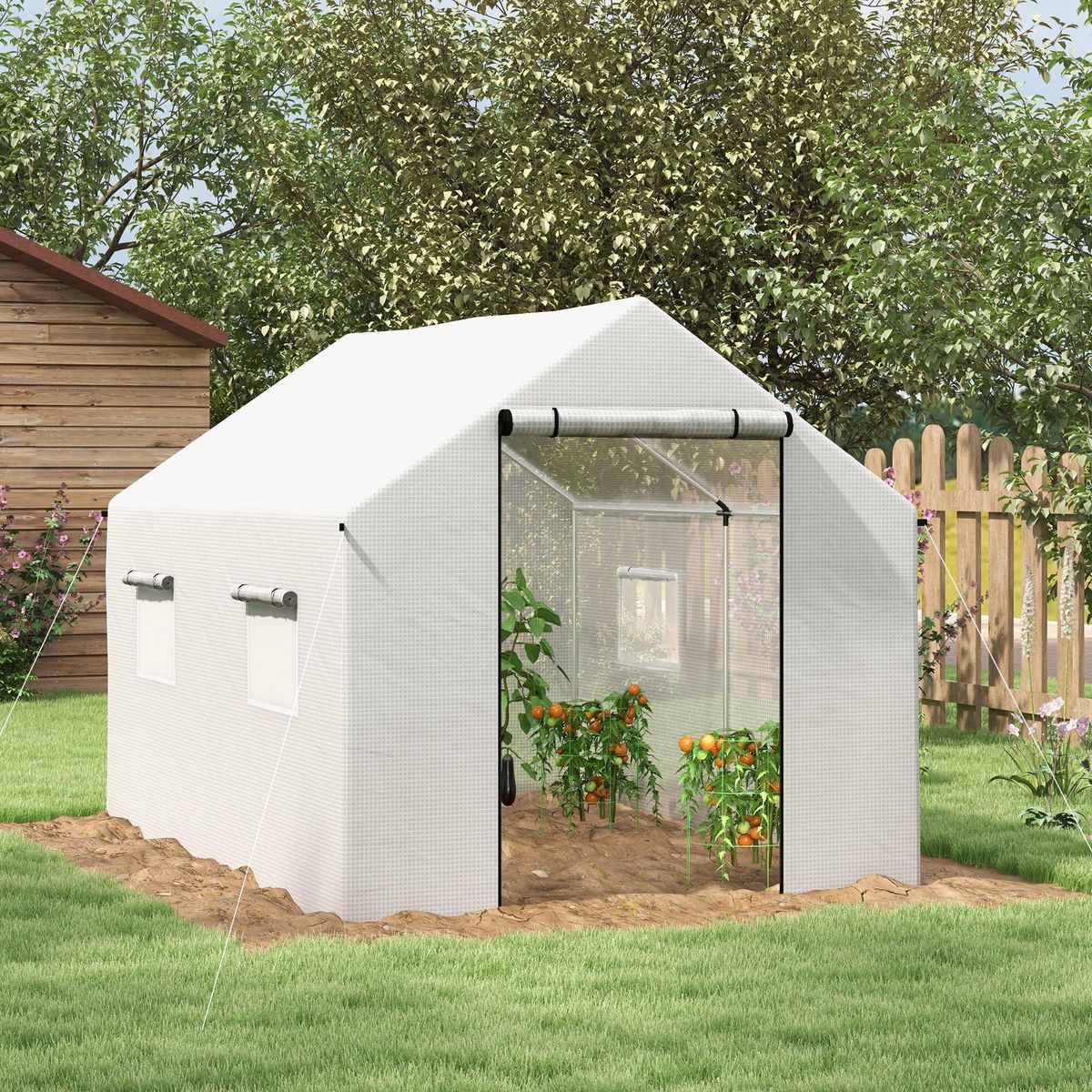 OUTSUNNY Serre de jardin tunnel 6 m² porte 4 fenêtres acier galvanisé PE blanc