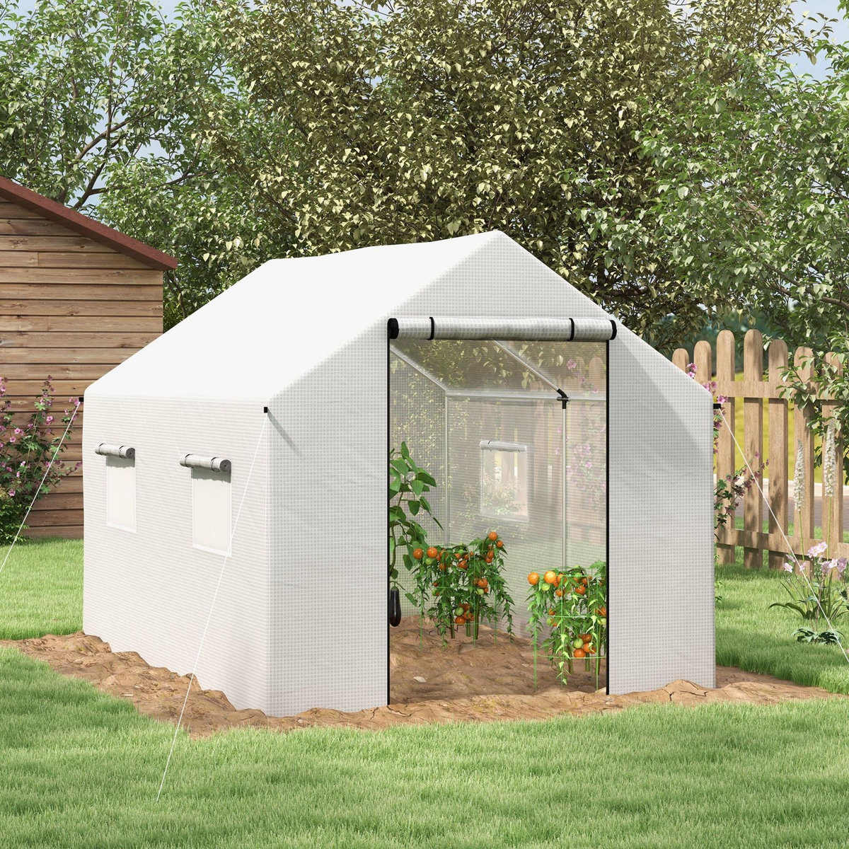 OUTSUNNY Serre de jardin tunnel 6 m² porte 4 fenêtres acier galvanisé PE blanc