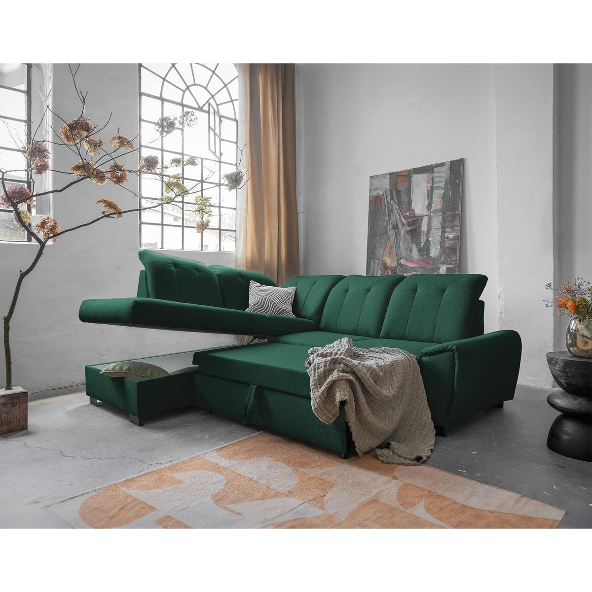 BEST MOBILIER Paul - canapé d'angle gauche - 5 places - convertible avec coffre et têtières - en tissu