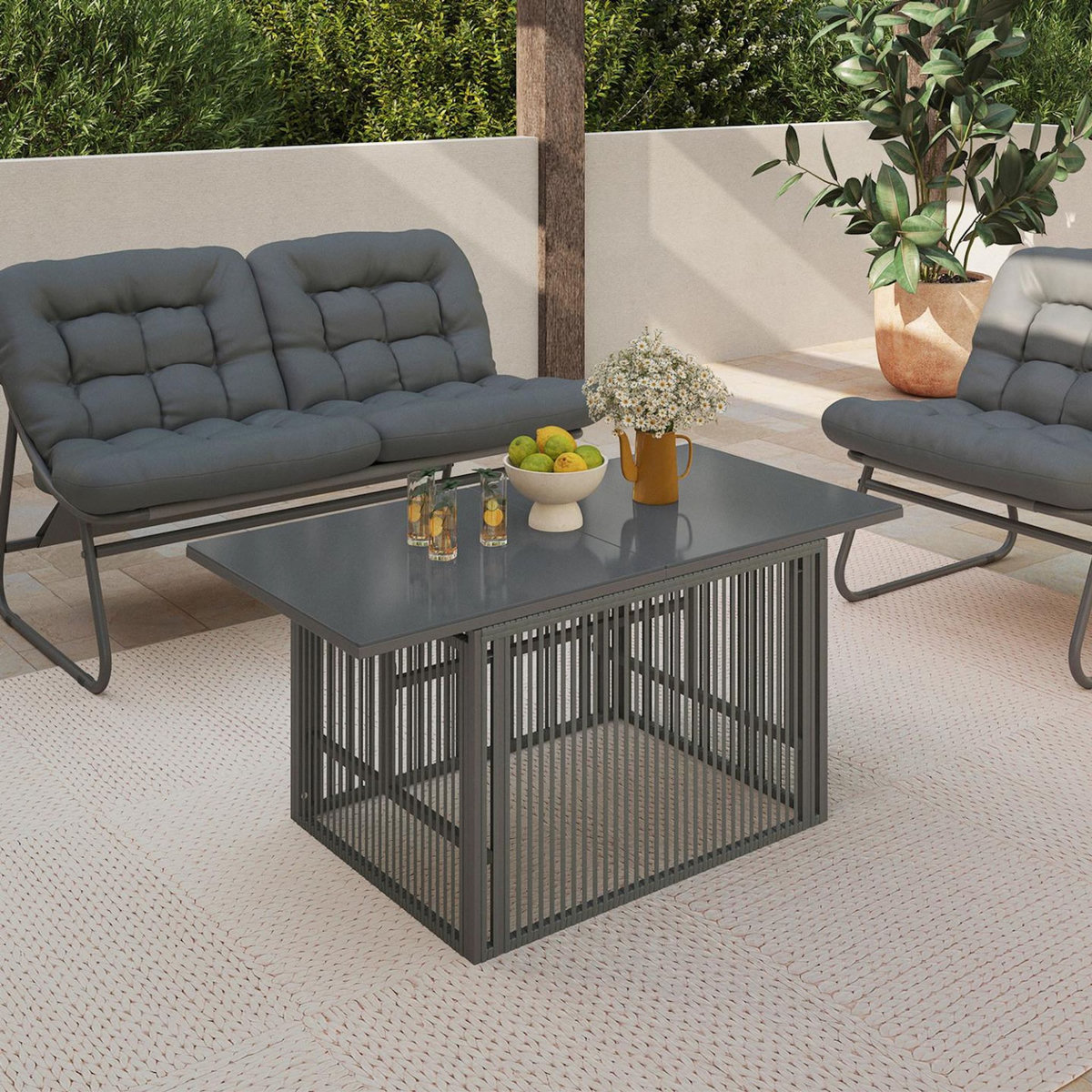 ID MARKET Table basse de jardin relevable rectangulaire 100 cm RIO structure métal et cordage gris anthracite