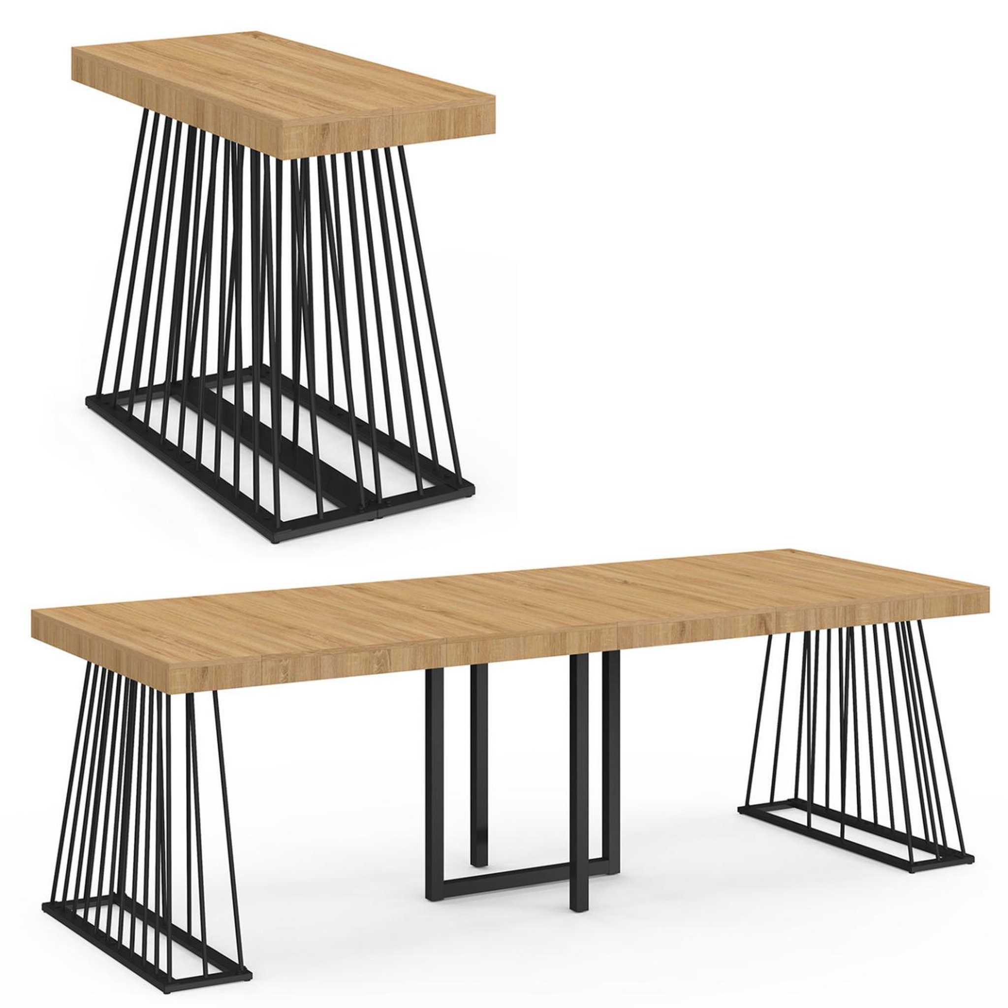ID MARKET Table console extensible yuna 10 personnes 235 cm plateau bois et pied filaire en métal noir