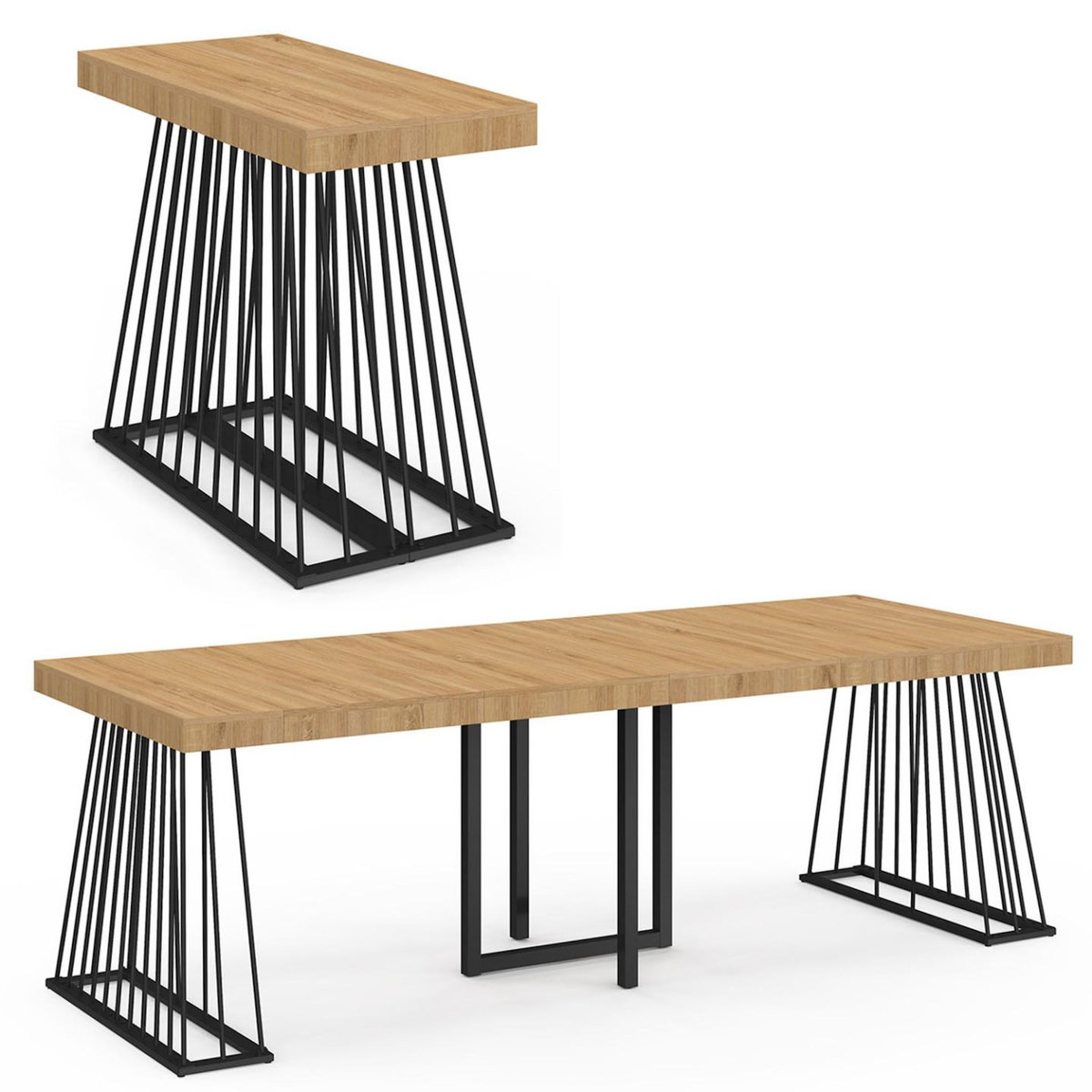 ID MARKET Table console extensible YUNA 10 personnes 235 cm plateau bois et pied filaire en métal noir