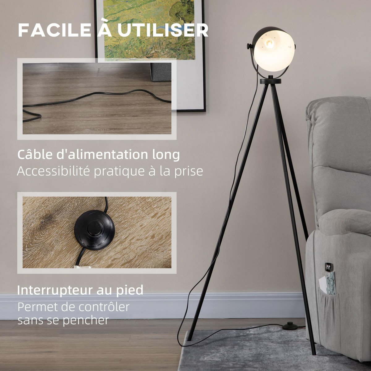 HOMCOM Lampadaire trépied style industriel abat-jour ajustable E27 40W max. dim. 60L x 54l x 135H cm métal noir blanc