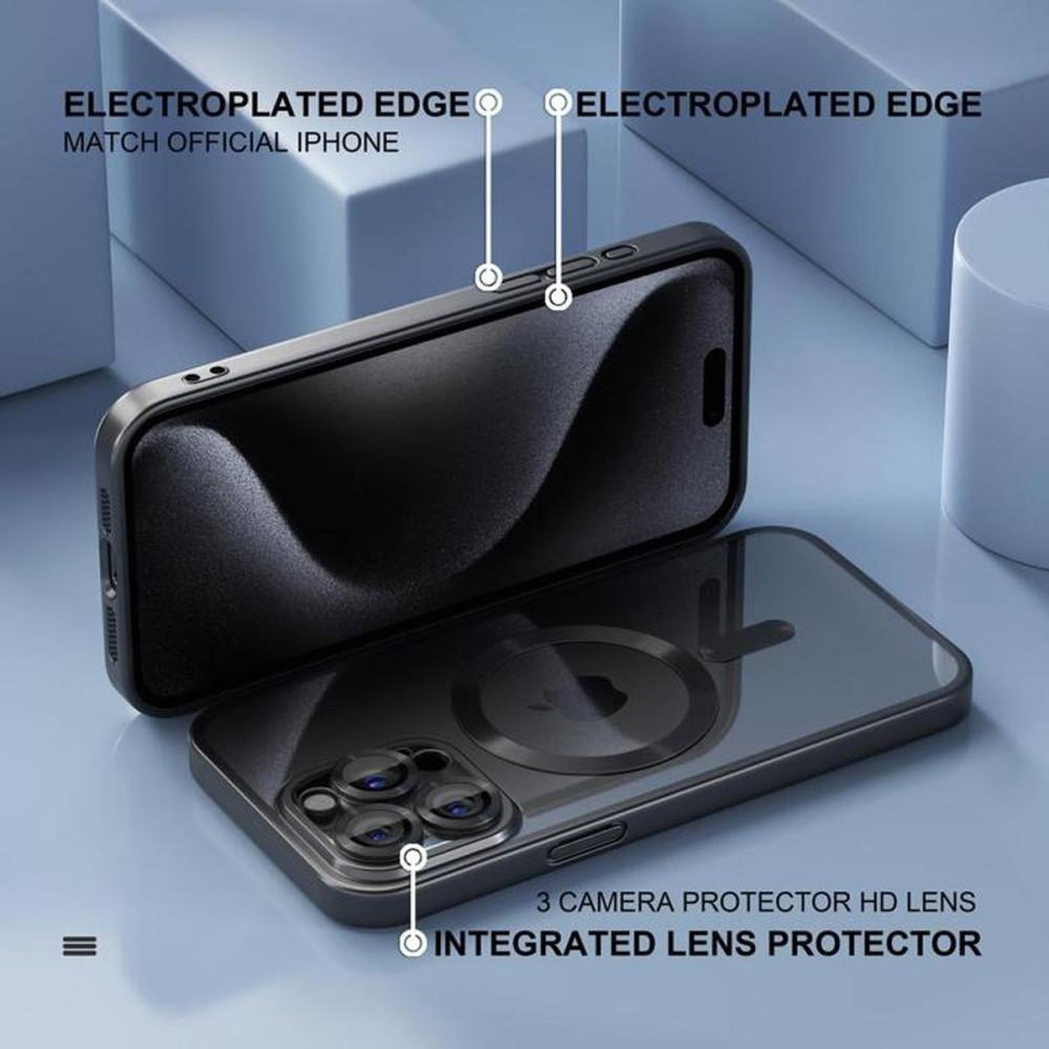 Voir la diapositive 6 : Coque iPhone 15 Pro magnétique transparente noire TPU avec protection antichoc militaire et anneau magnétique