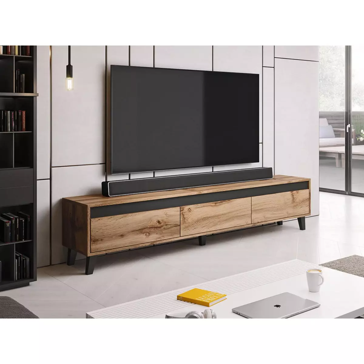 BEST MOBILIER Lord - meuble tv - bois et noir - 185 cm - style industriel -