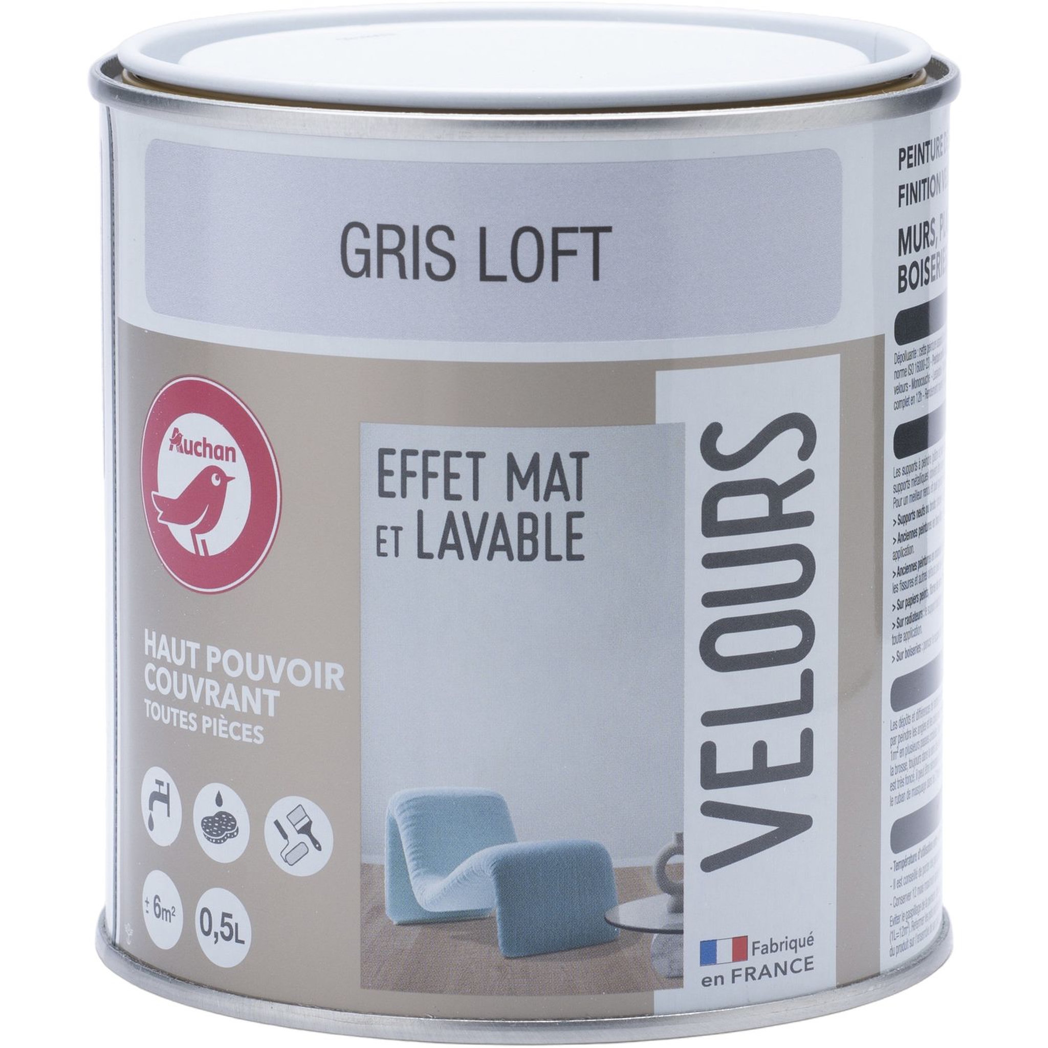 AUCHAN Peinture dépolluante velour gris loft 0,5 L 