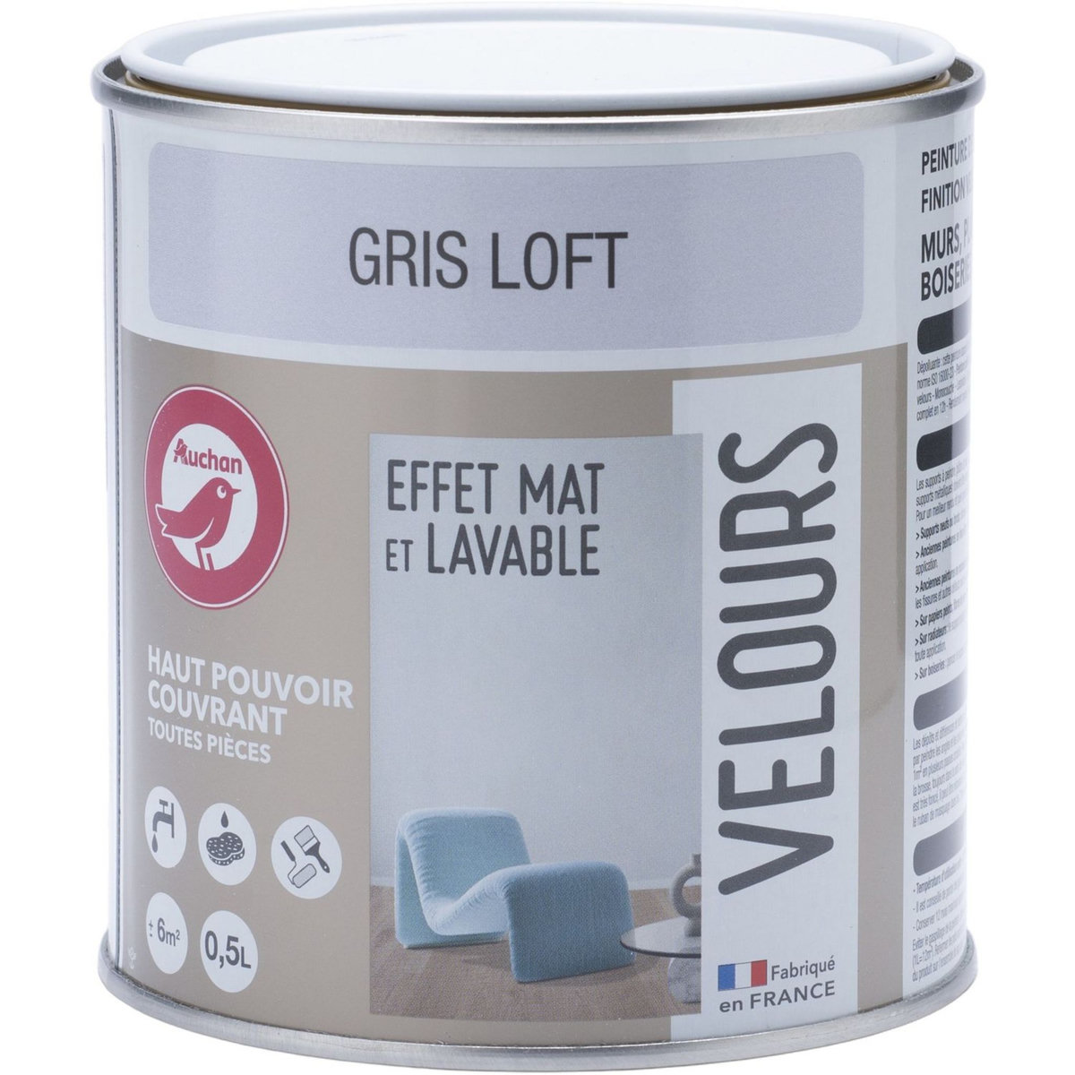 AUCHAN Peinture dépolluante velour gris loft 0,5 L 