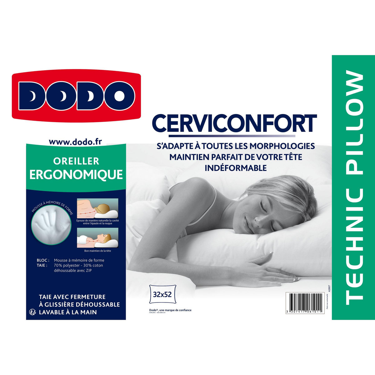 DODO Oreiller à mémoire de forme en polycoton CERVICONFORT