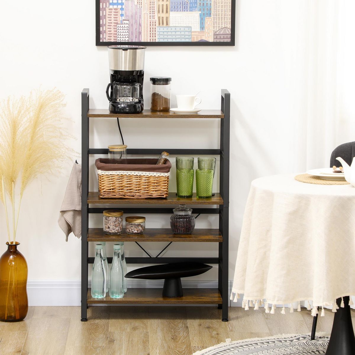 HOMCOM Étagère de cuisine design industriel - 4 étagères, crochets - châssis acier noir panneaux aspect bois vieilli