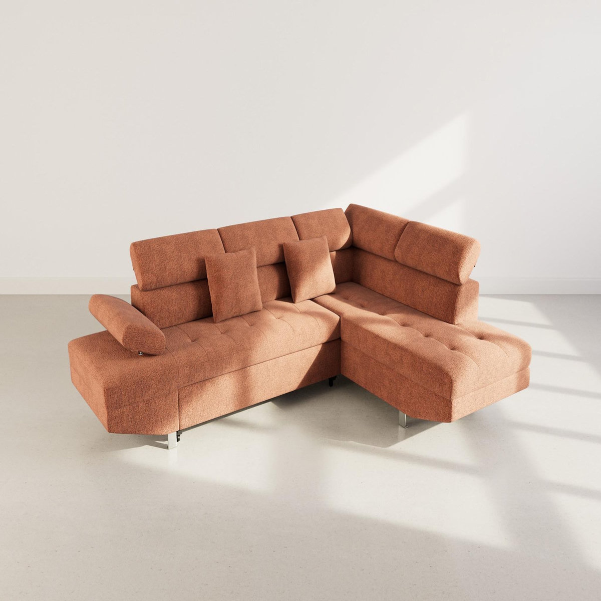 BEST MOBILIER Margaux - canapé d'angle droit 5 places convertible avec coffre et têtières réglables en velours texturé