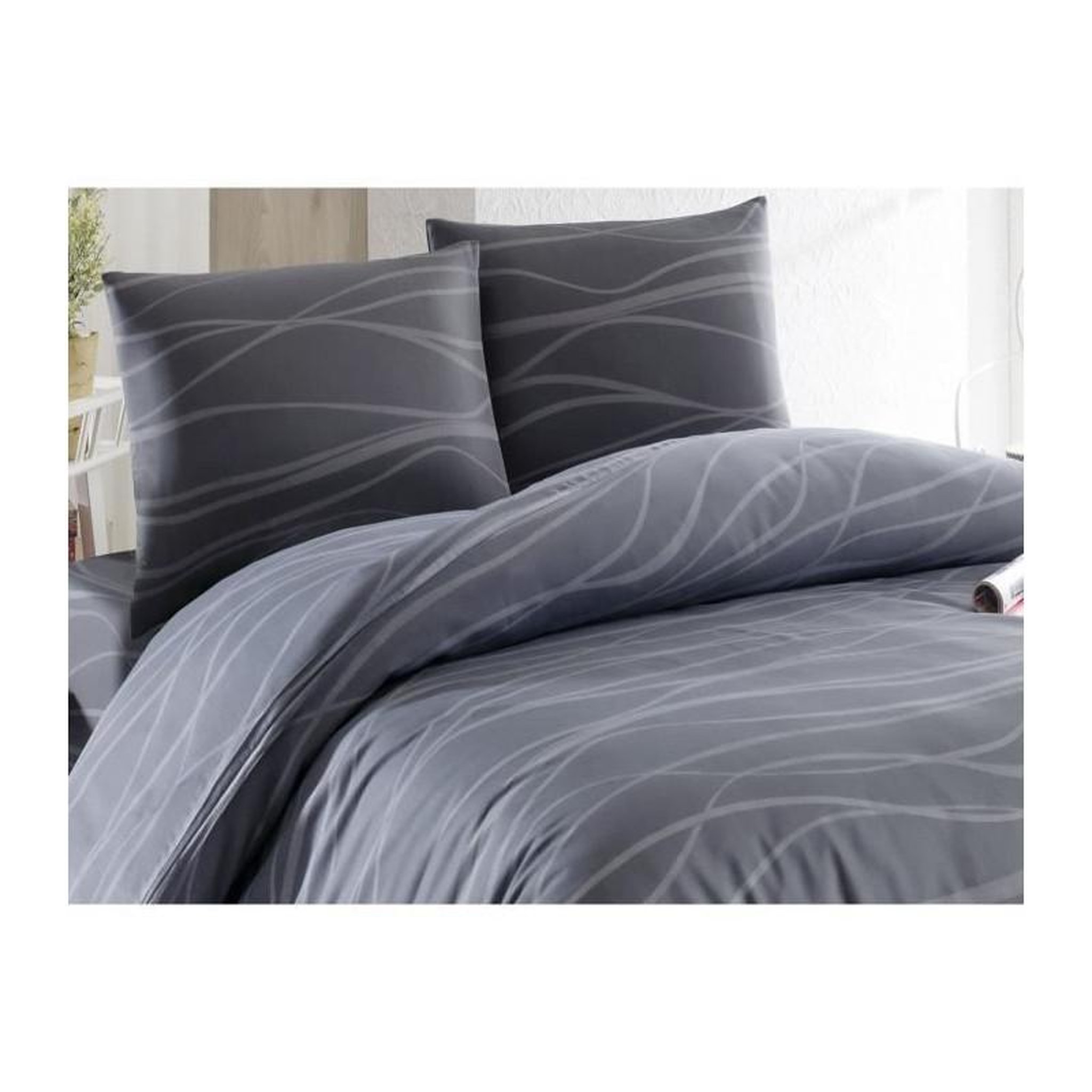 Voir la diapositive 4 : GENERIQUE Parure de lit - 1 housse de couette 220 x 240 cm + 2 taies d'oreiller 60 x 60 cm - 65% coton, 35% polyester - Gris