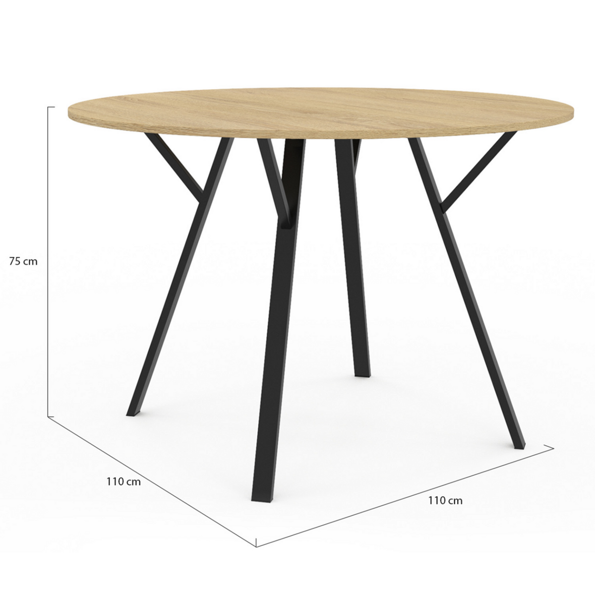 ID MARKET Table à manger ronde YSEULT 4-6 personnes bois et noir design industriel 110 cm