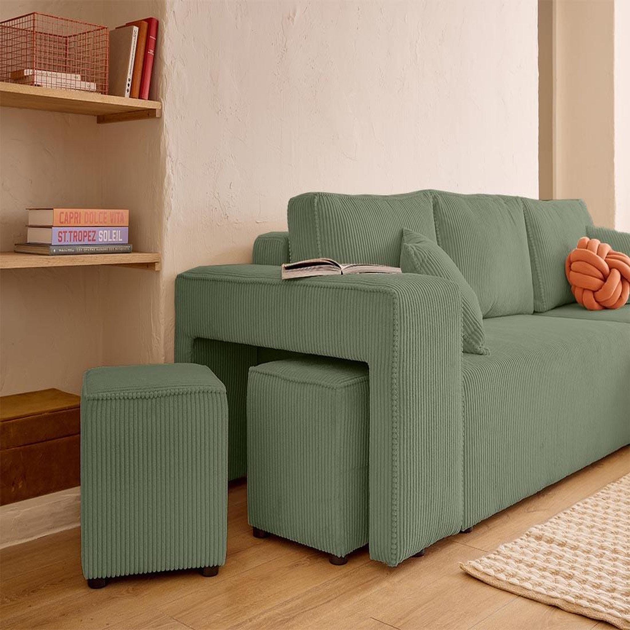 Voir la diapositive 3 : BEST MOBILIER Topaze - canapé d'angle réversible 4 places - convertible avec coffre, tablette et poufs - en velours côtelé