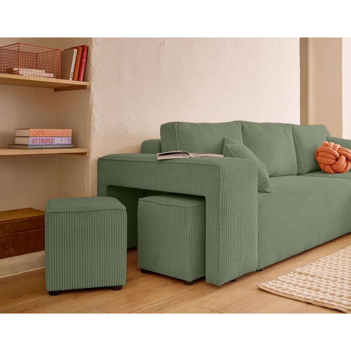 BEST MOBILIER Topaze - canapé d'angle réversible 4 places - convertible avec coffre, tablette et poufs - en velours côtelé