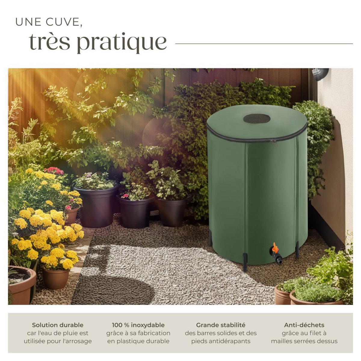 tectake Tonneau récupérateur d'eau de pluie avec robinet et protection anti-débordement vert 250 L