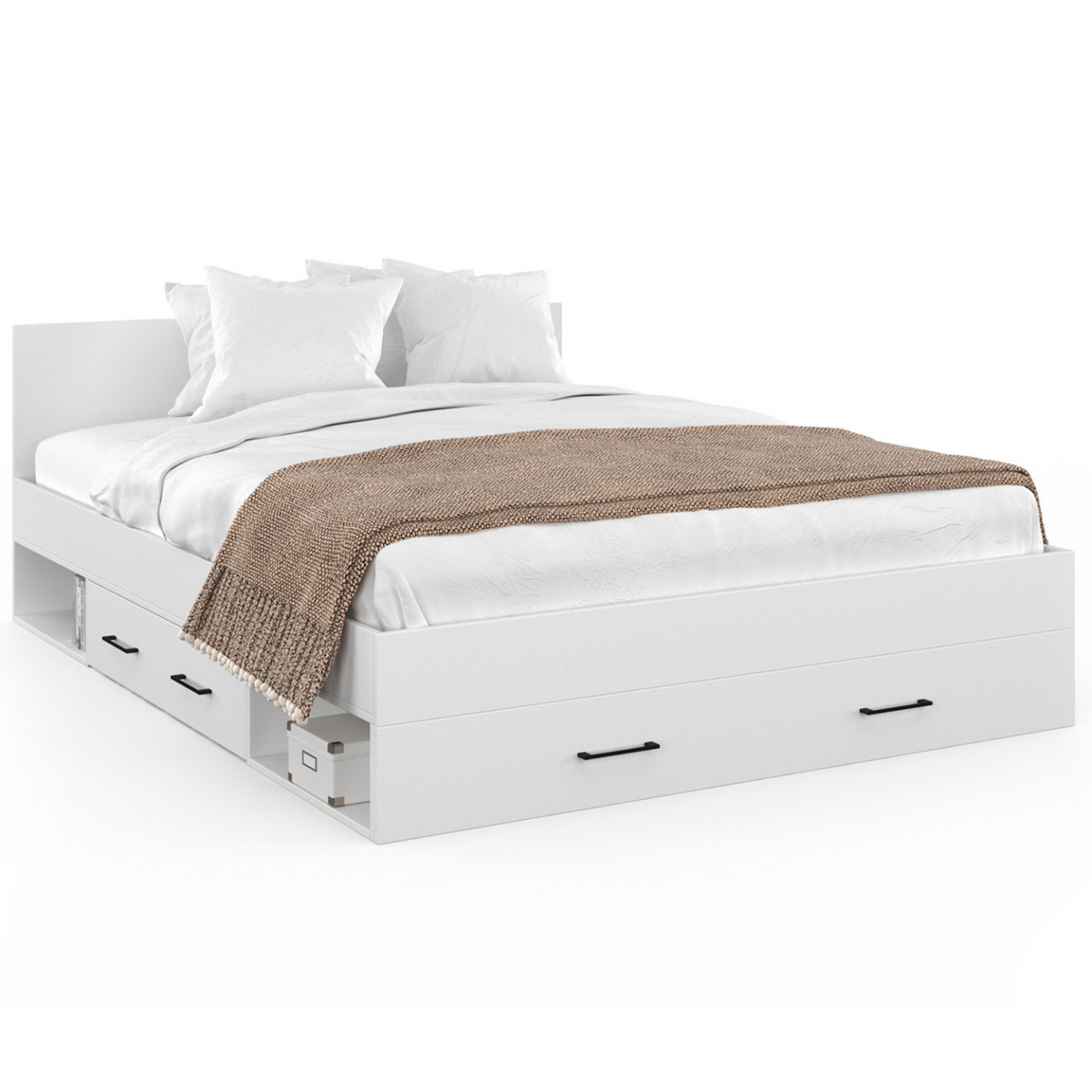 ID MARKET Lit double MINEA avec tiroirs + niches de rangement + tête de lit et sommier 140 x 190 cm blanc