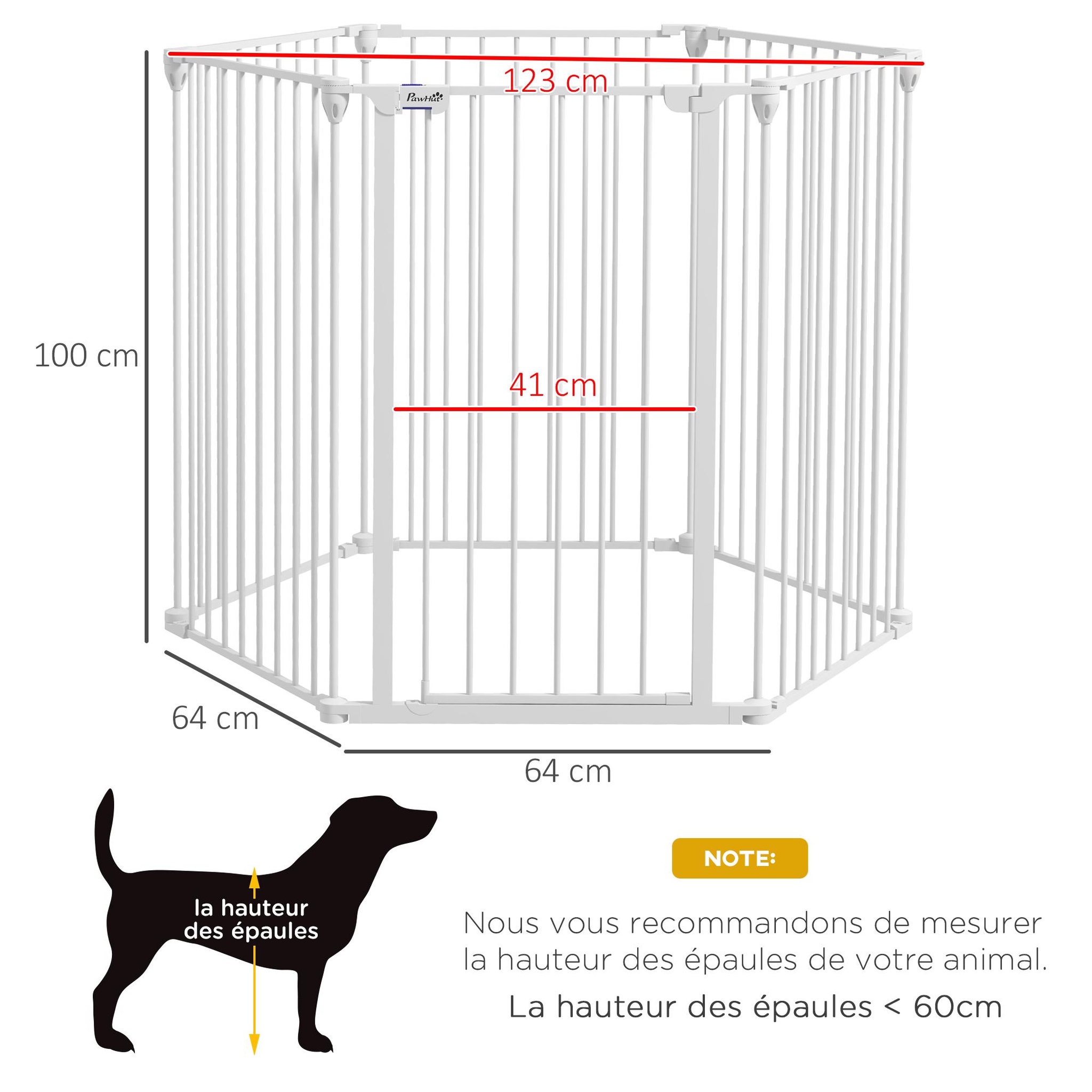 Voir la diapositive 3 : PAWHUT Barrière de sécurité parc enclos chien modulable pliable porte verrouillable intégrée 6 panneaux acier pp blanc