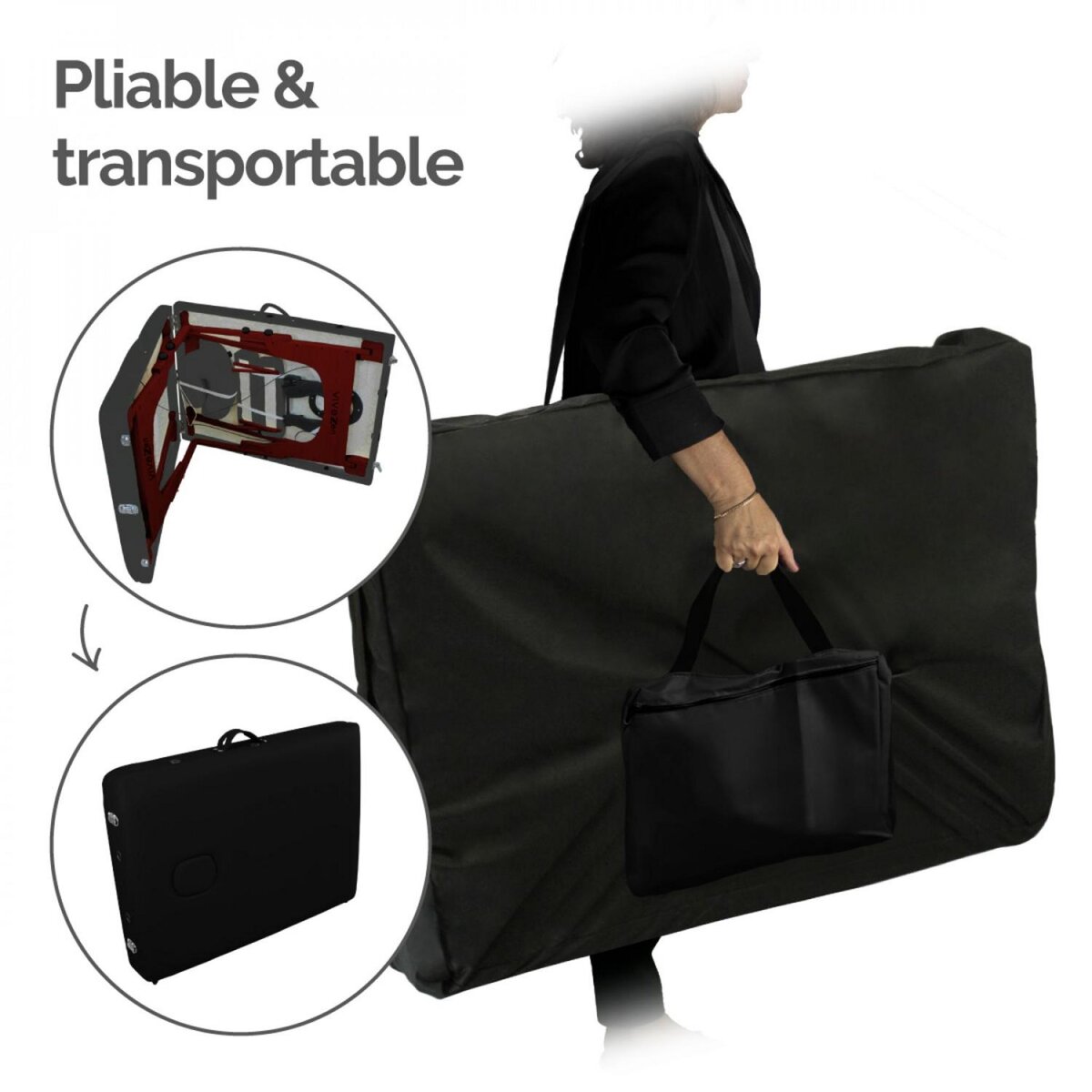 VIVEZEN Table de massage pliante 3 zones en bois foncé avec panneau Reiki + Accessoires et housse de transport - Noir