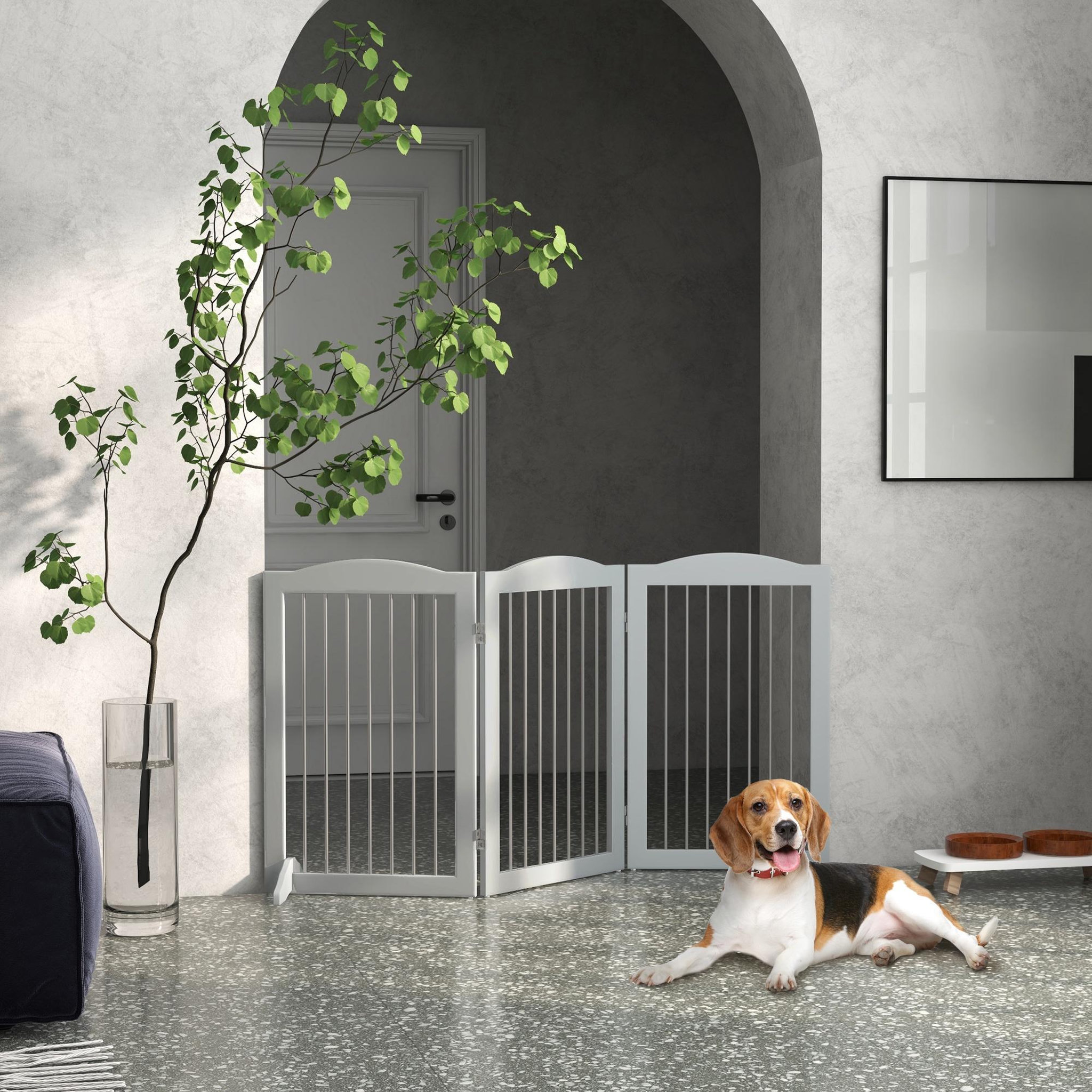Voir la diapositive 4 : PAWHUT Barrière de sécurité chien pliable 3 plaques 2 pieds de soutien h.80 cm gris