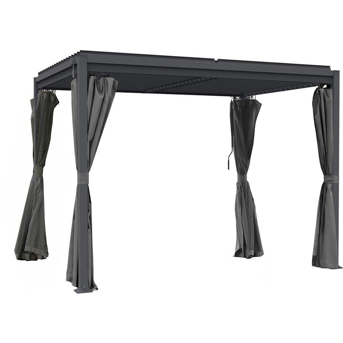 Habitat et Jardin Pergola bioclimatique avec rideau et moustiquaire  Howard  - 3 x 4 m - Gris