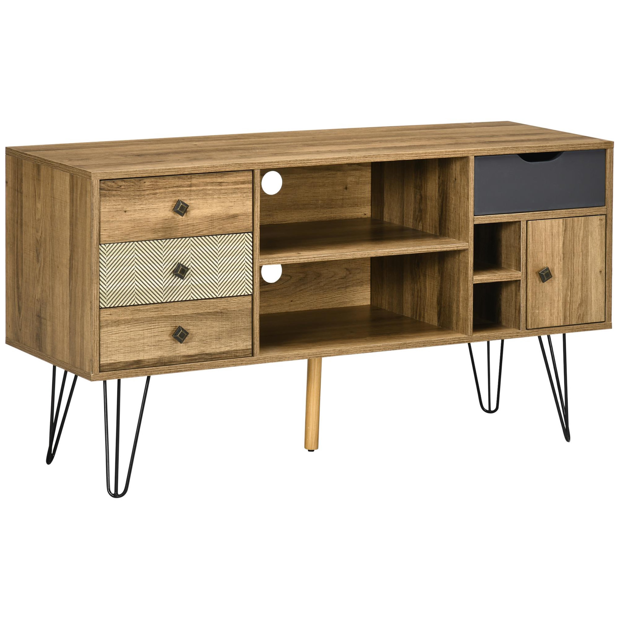 Voir la diapositive 1 : HOMCOM Meuble TV banc TV design industriel graphique - 4 tiroirs, 4 niches, porte - piètement épingle métal noir aspect bois