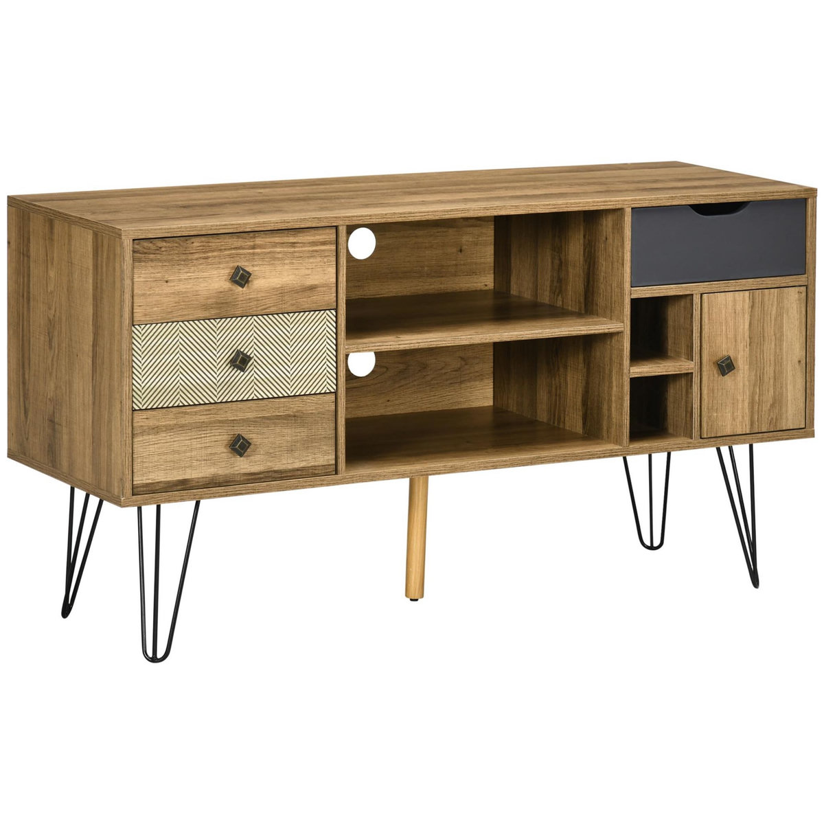 HOMCOM Meuble TV banc TV design industriel graphique - 4 tiroirs, 4 niches, porte - piètement épingle métal noir aspect bois